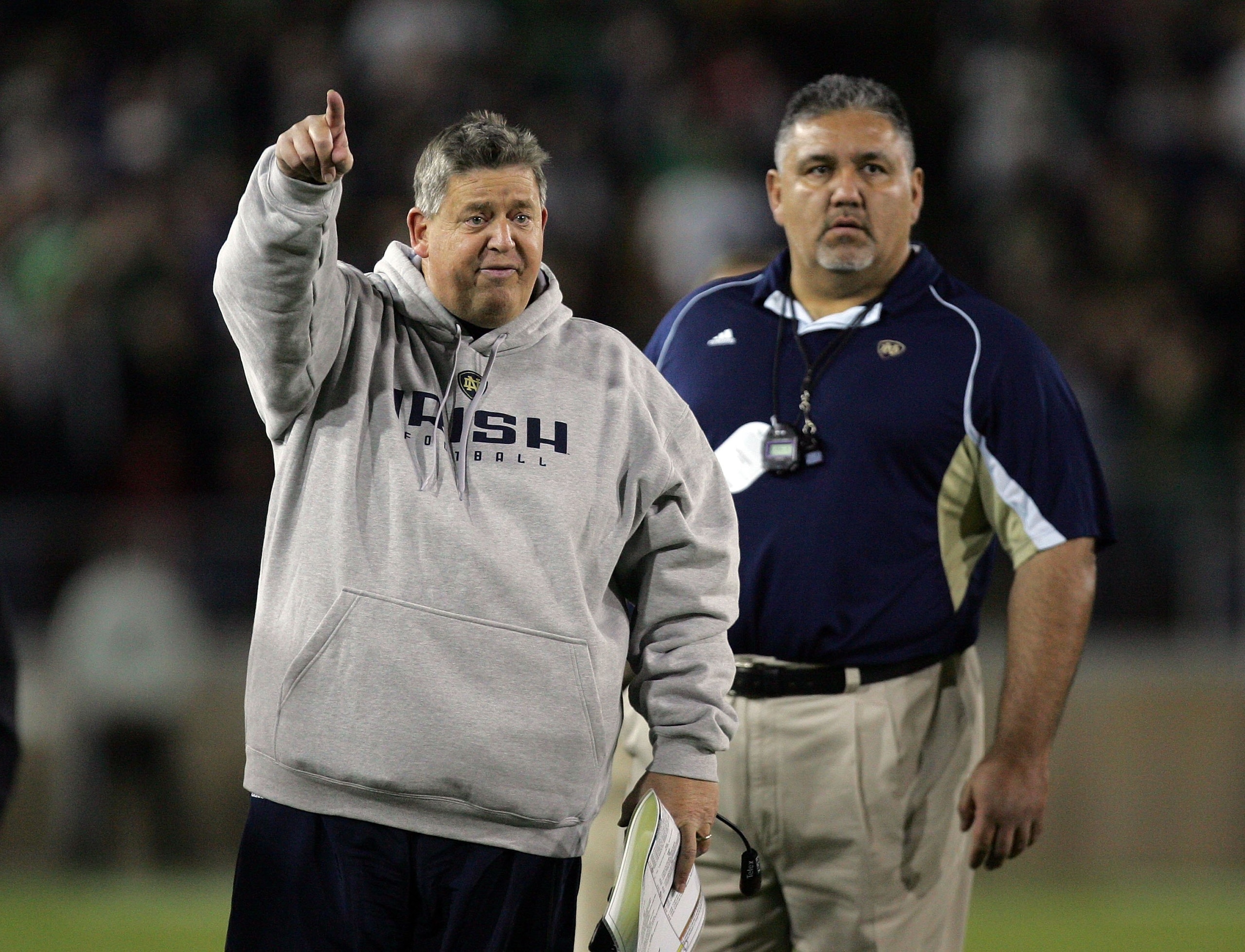 PALO ALTO, CA - NOVEMBER 28:  Notre Dame head coach Charlie Weis points to the replay during their game against the Stanford Cardinal at Stanford Stadium on November 28, 2009 in Palo Alto, California.  (Photo by Ezra Shaw/Getty Images)