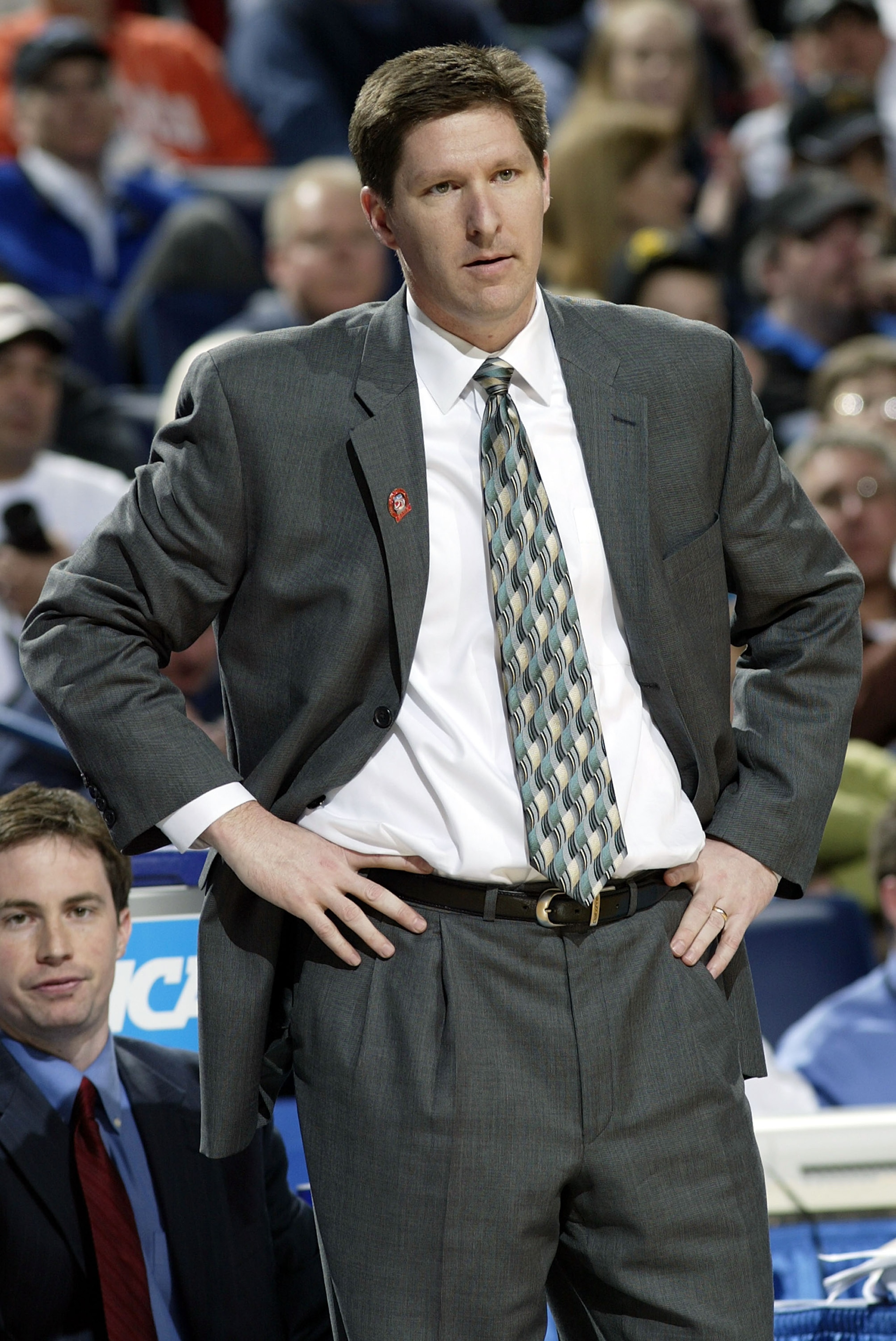 BUFFALO, NY - MARCH 15:  Head coach Brad Brownell of the Wright State Raiders looks on from the sidelines against the Pittsburgh Panthers during round one of the NCAA Men's Basketball Tournament at the HSBC Arena on March 15, 2007  in Buffalo, New York.  