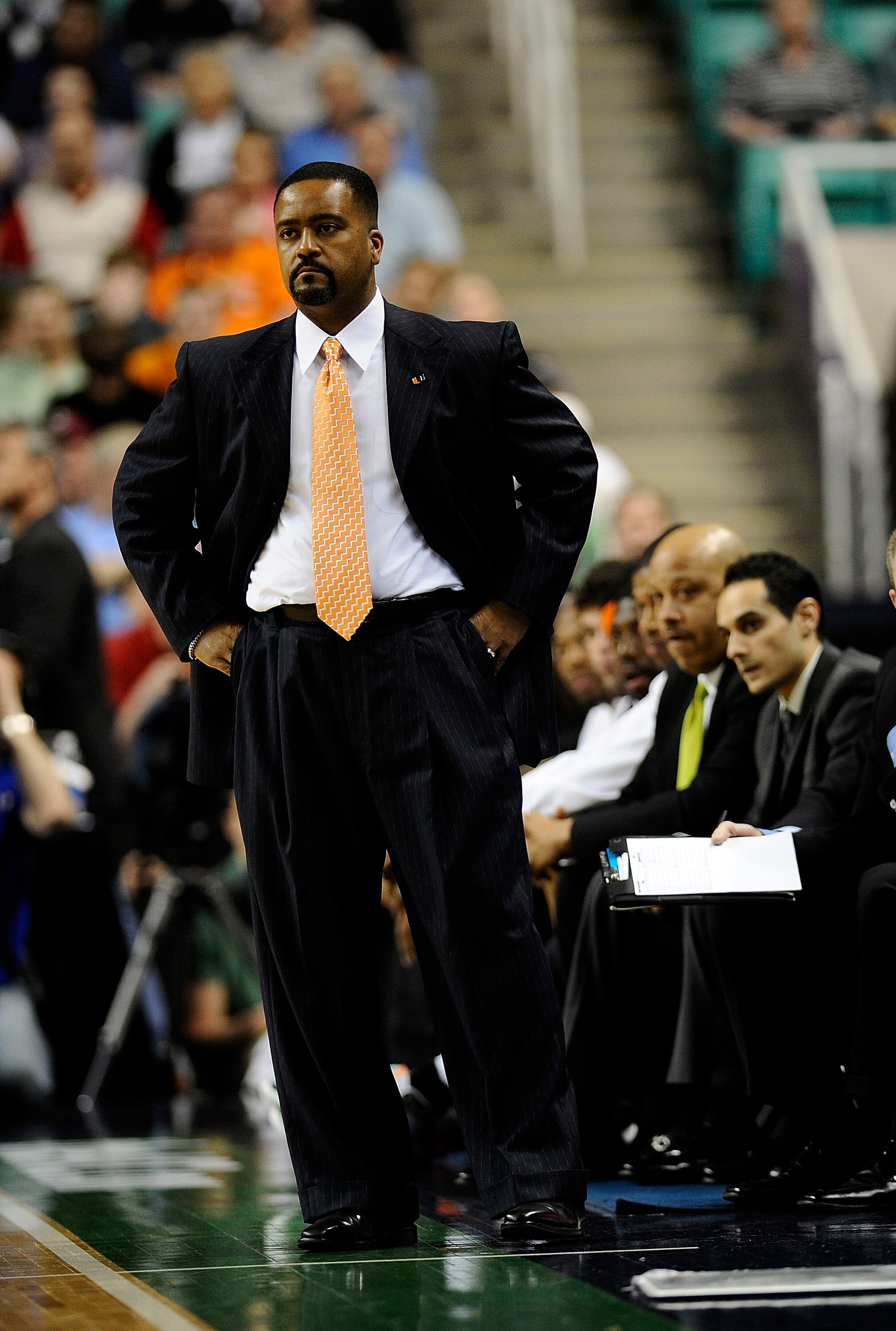 GREENSBORO, NC - MARCH 13:  Frank Haith, head coach of the University of Miami Hurricanes coaches in their semifinal game against the Duke Bluer Devils  in the 2010 ACC Men's Basketball Tournament at the Greensboro Coliseum on on March 13, 2010 in Greensb