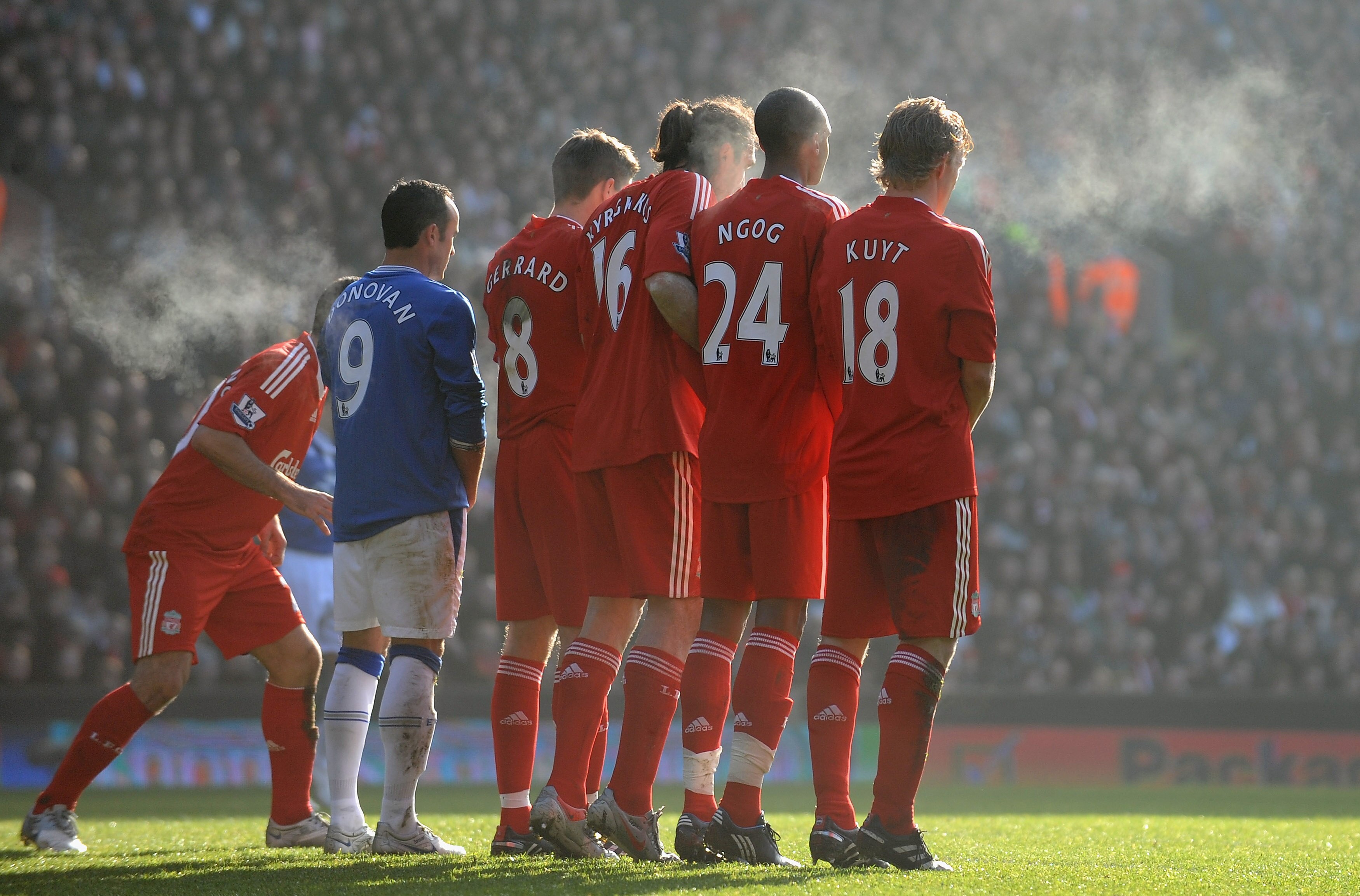 LIVERPOOL, ENGLAND - FEBRUARY 06:  The Liverpool wall and Landon Donovan of Everton line up for a free kick during the Barclays Premier League match between Liverpool and Everton at Anfield on February 6, 2010 in Liverpool, England. (Photo by Laurence Gri