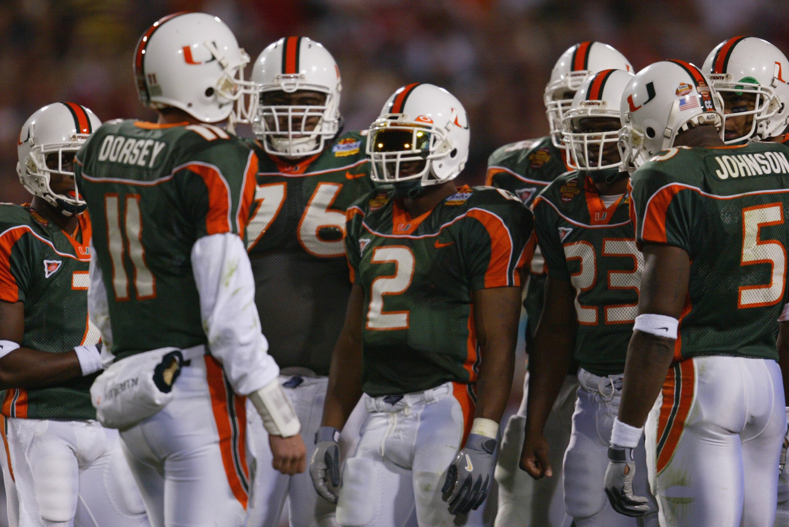 TEMPE, ARIZONA - JANUARY 3:  Running back Willis McGahee #2 of the University of Miami Hurricanes stands with quarterback Ken Dorsey #11 and the rest of the Miami offense during the Tostitos Fiesta Bowl against the Ohio State Buckeyes at Sun Devil Stadium