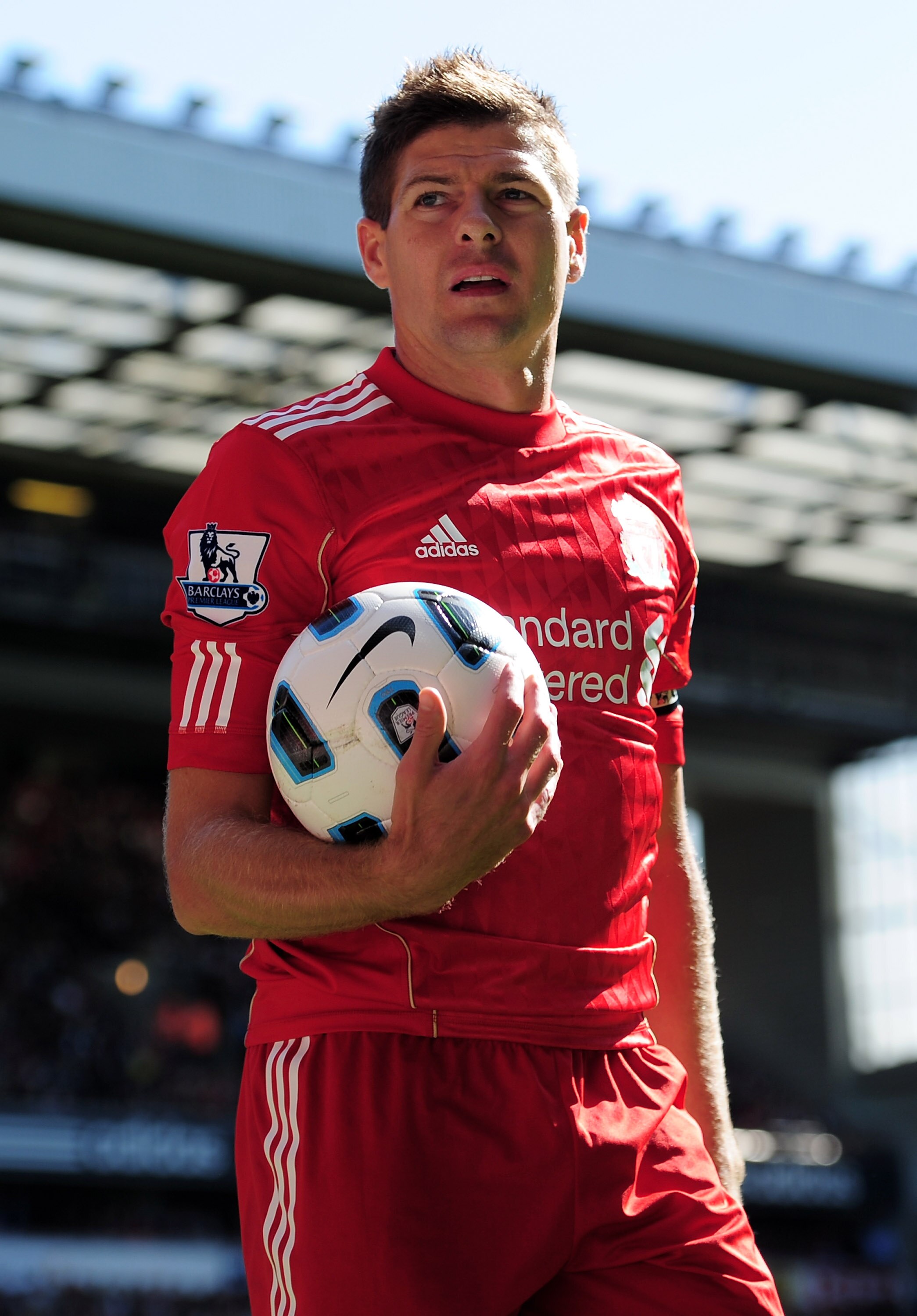 LIVERPOOL, ENGLAND - AUGUST 29:  Steven Gerrard of Liverpool looks on during the Barclays Premier League match between Liverpool and West Bromwich Albion at Anfield on August 29, 2010 in Liverpool, England.  (Photo by Shaun Botterill/Getty Images)