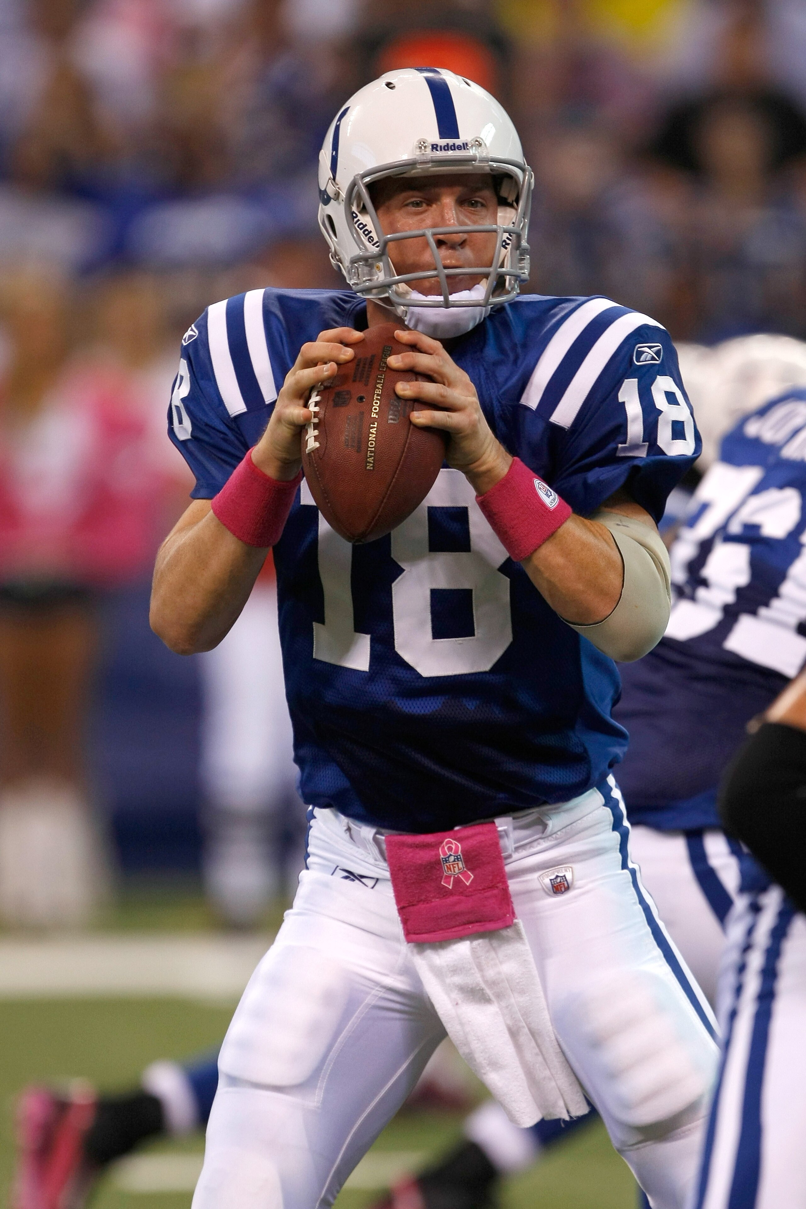 INDIANAPOLIS, IN - OCTOBER 10: Peyton Manning #18 of the Indianapolis Colts passes the football against the Kansas City Chiefs at Lucas Oil Stadium on October 10, 2010 in Indianapolis, Indiana.  (Photo by Scott Boehm/Getty Images)