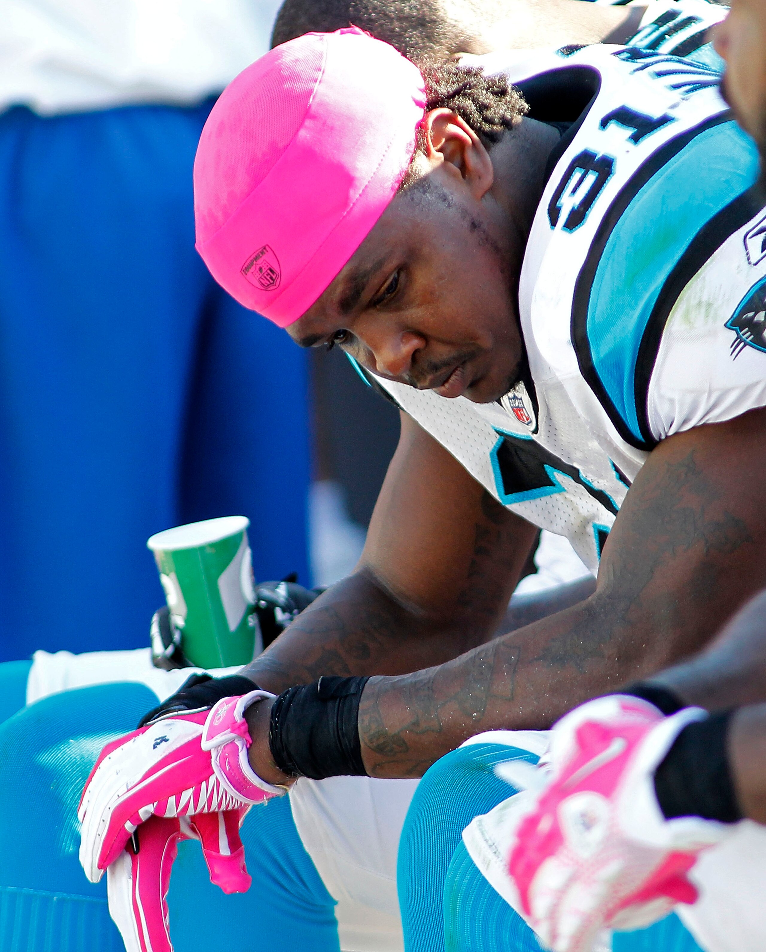CHARLOTTE, NC - OCTOBER 10: Cornerback Richard Marshall #31 of the Carolina Panthers sits on the bench against the Chicago Bears at Bank of America Stadium on October 10, 2010 in Charlotte, North Carolina. (Photo by Geoff Burke/Getty Images)