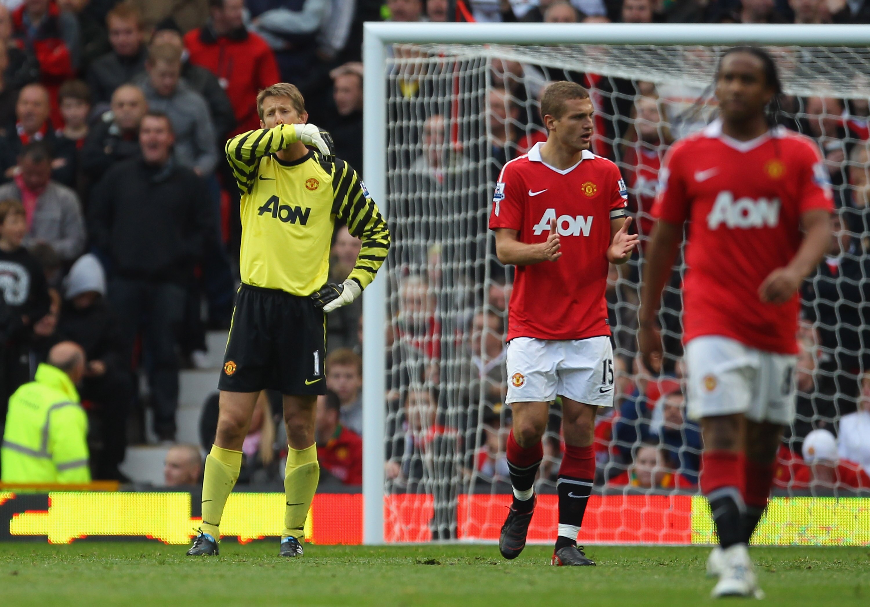 MANCHESTER, ENGLAND - OCTOBER 16:  Edwin Van Der Sar of Manchester United looks dejected after his mistake led to the equalizing goal during the Barclays Premier League match between Manchester United and West Bromwich Albion at Old Trafford on October 16
