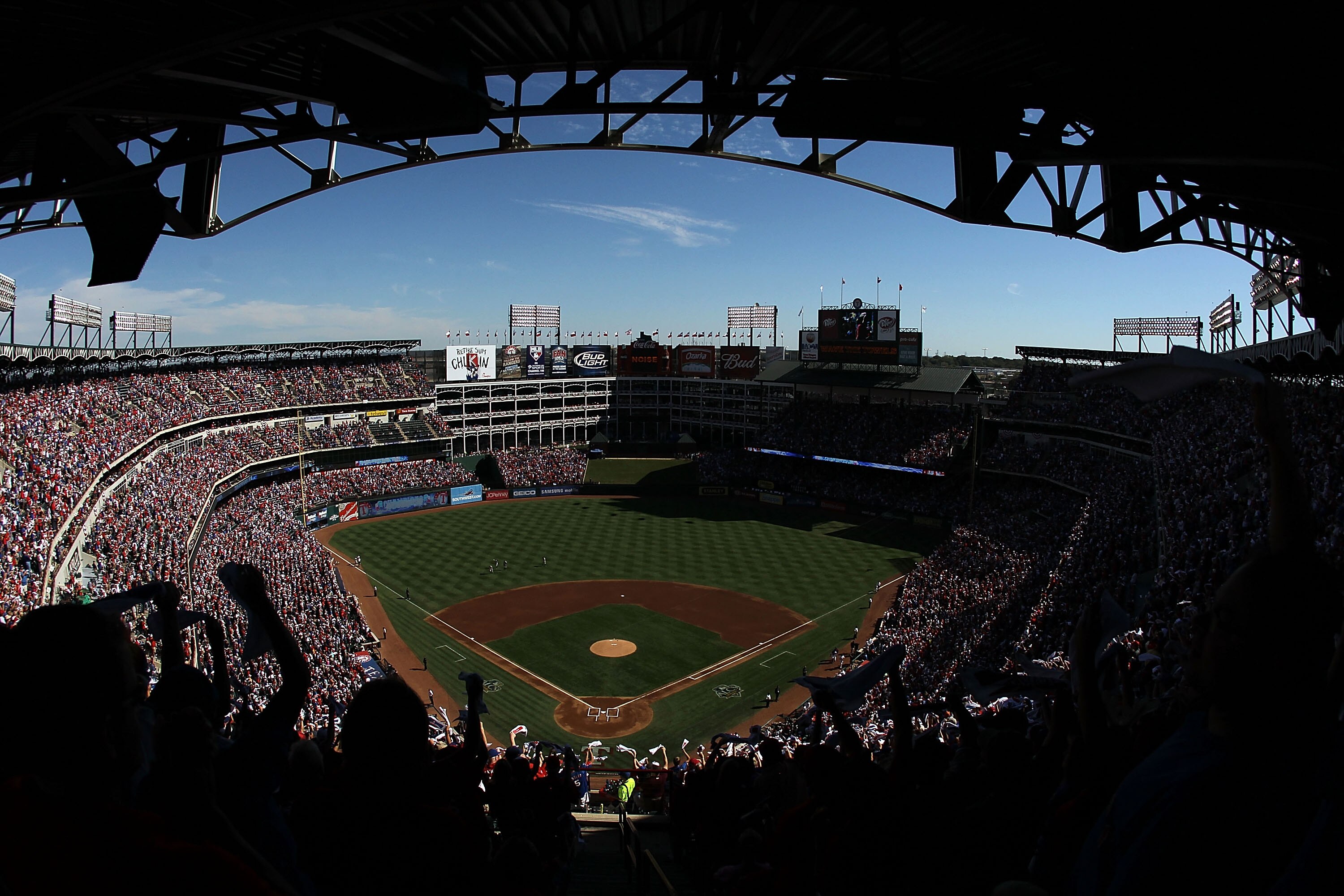 ARLINGTON, TX - OCTOBER 16: Fans wave towels before Game Two of the ALCS between the Texas Rangers and the New York Yankees during the 2010 MLB Playoffs at Rangers Ballpark in Arlington on October 16, 2010 in Arlington, Texas. (Photo by Ronald Martinez/ ARLINGTON, TX - OCTOBER 16: Fans wave towels before Game Two of the ALCS between the Texas Rangers and the New York Yankees during the 2010 MLB Playoffs at Rangers Ballpark in Arlington on October 16, 2010 in Arlington, Texas. (Photo by Ronald Martinez/
