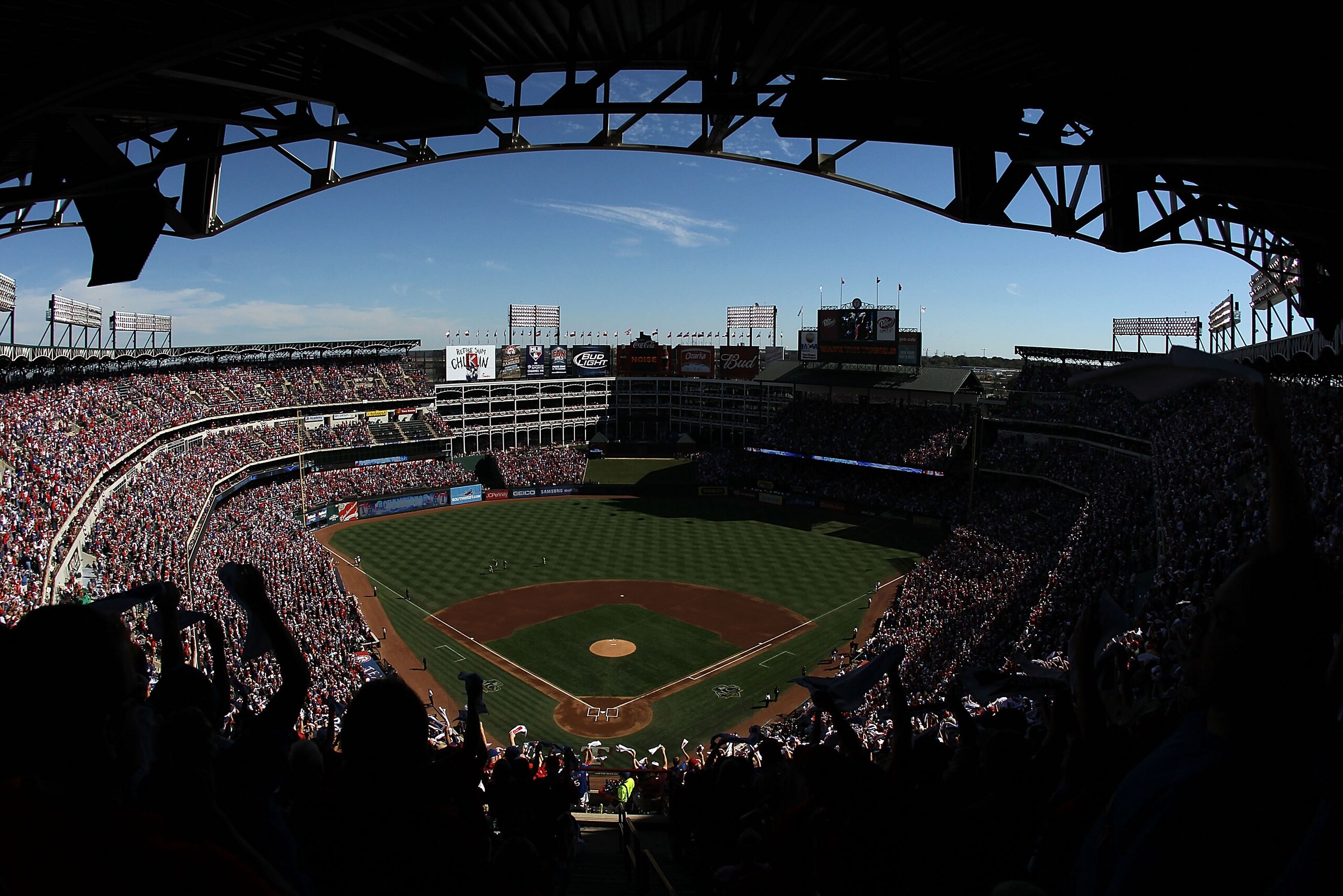 ARLINGTON, TX - OCTOBER 16:  Fans wave towels before Game Two of the ALCS between the Texas Rangers and the New York Yankees during the 2010 MLB Playoffs at Rangers Ballpark in Arlington on October 16, 2010 in Arlington, Texas.  (Photo by Ronald Martinez/