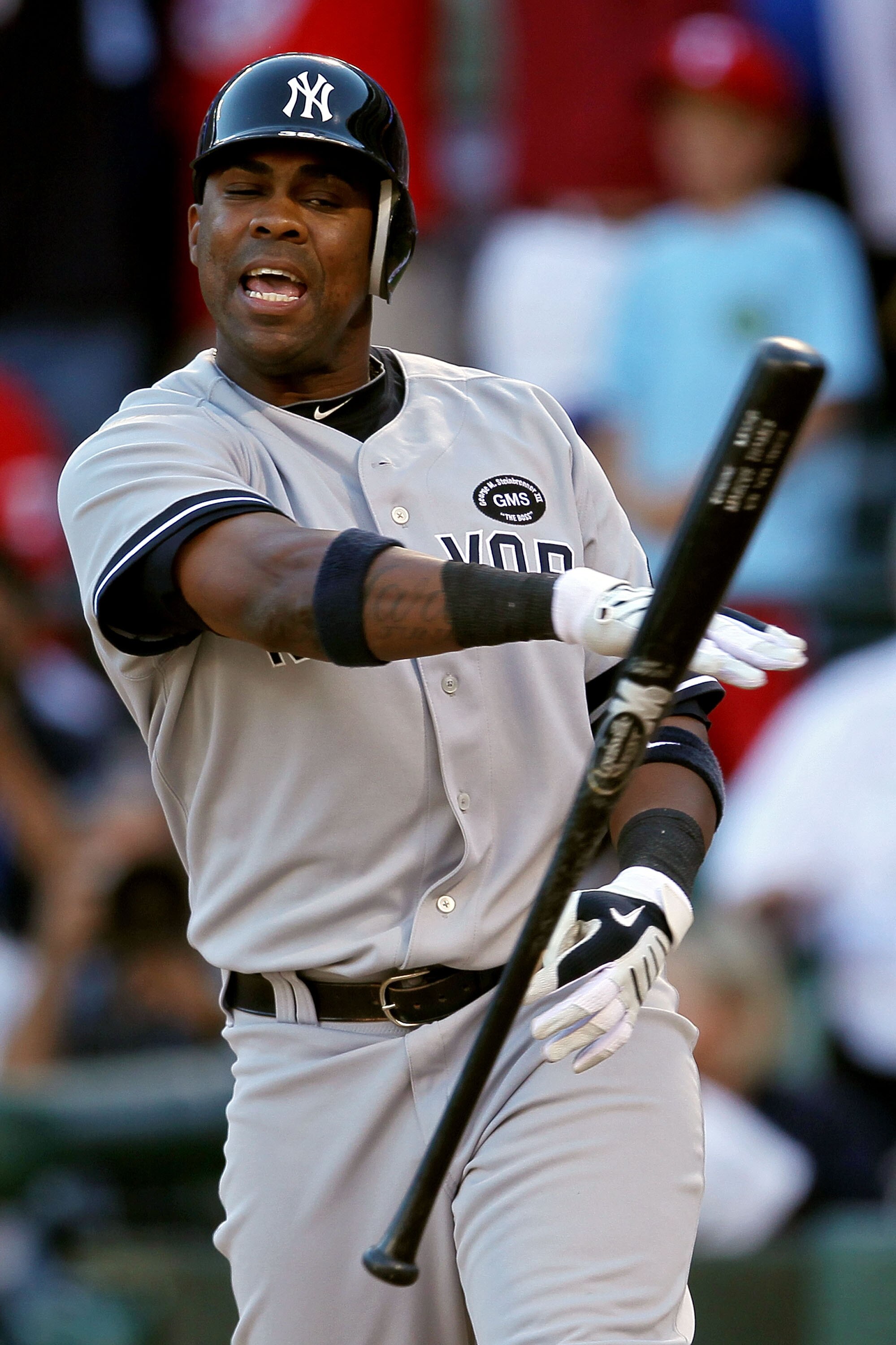 ARLINGTON, TX - OCTOBER 16: Marcus Thames #38 of the New York Yankees reacts after striking out in the sixth inning against the Texas Rangers in Game Two of the ALCS during the 2010 MLB Playoffs at Rangers Ballpark in Arlington on October 16, 2010 in Arl ARLINGTON, TX - OCTOBER 16: Marcus Thames #38 of the New York Yankees reacts after striking out in the sixth inning against the Texas Rangers in Game Two of the ALCS during the 2010 MLB Playoffs at Rangers Ballpark in Arlington on October 16, 2010 in Arl