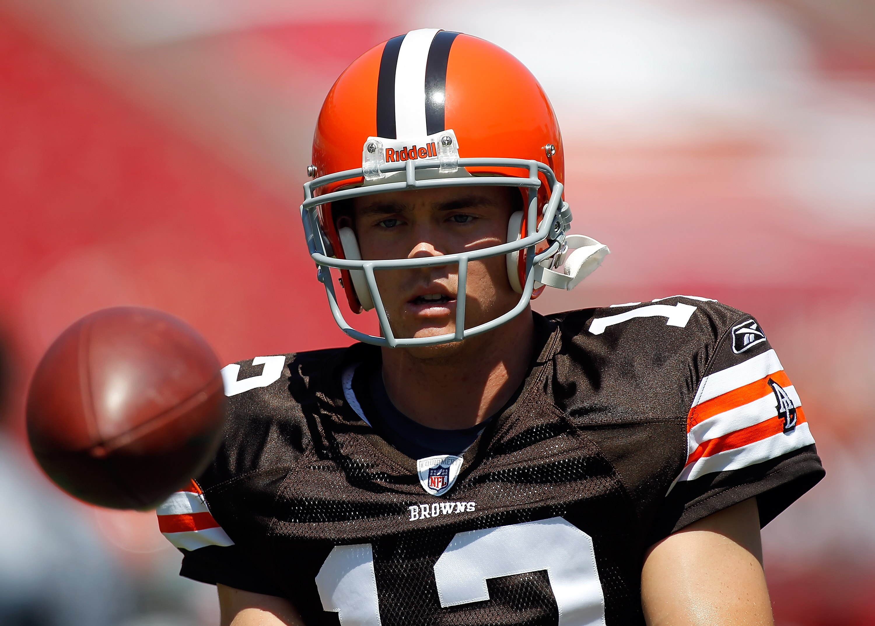 TAMPA, FL - SEPTEMBER 12:  Rookie quarterback Colt McCoy #12 of the Cleveland Browns warms up just prior to the start of the game against the Tampa Bay Buccaneers at Raymond James Stadium on September 12, 2010 in Tampa, Florida.  (Photo by J. Meric/Getty 