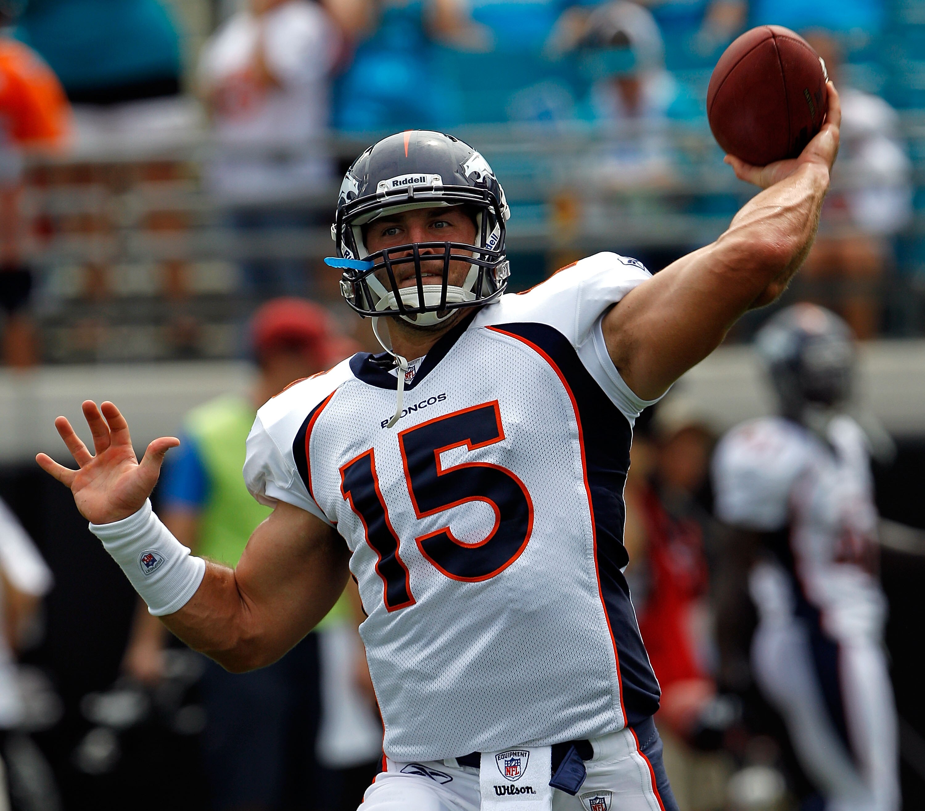 JACKSONVILLE, FL - SEPTEMBER 12:  Quarterback Tim Tebow #15 of the Denver Broncos practices prior to the NFL season opener game against the Jacksonville Jaguars at EverBank Field on September 12, 2010 in Jacksonville, Florida.  (Photo by Sam Greenwood/Get