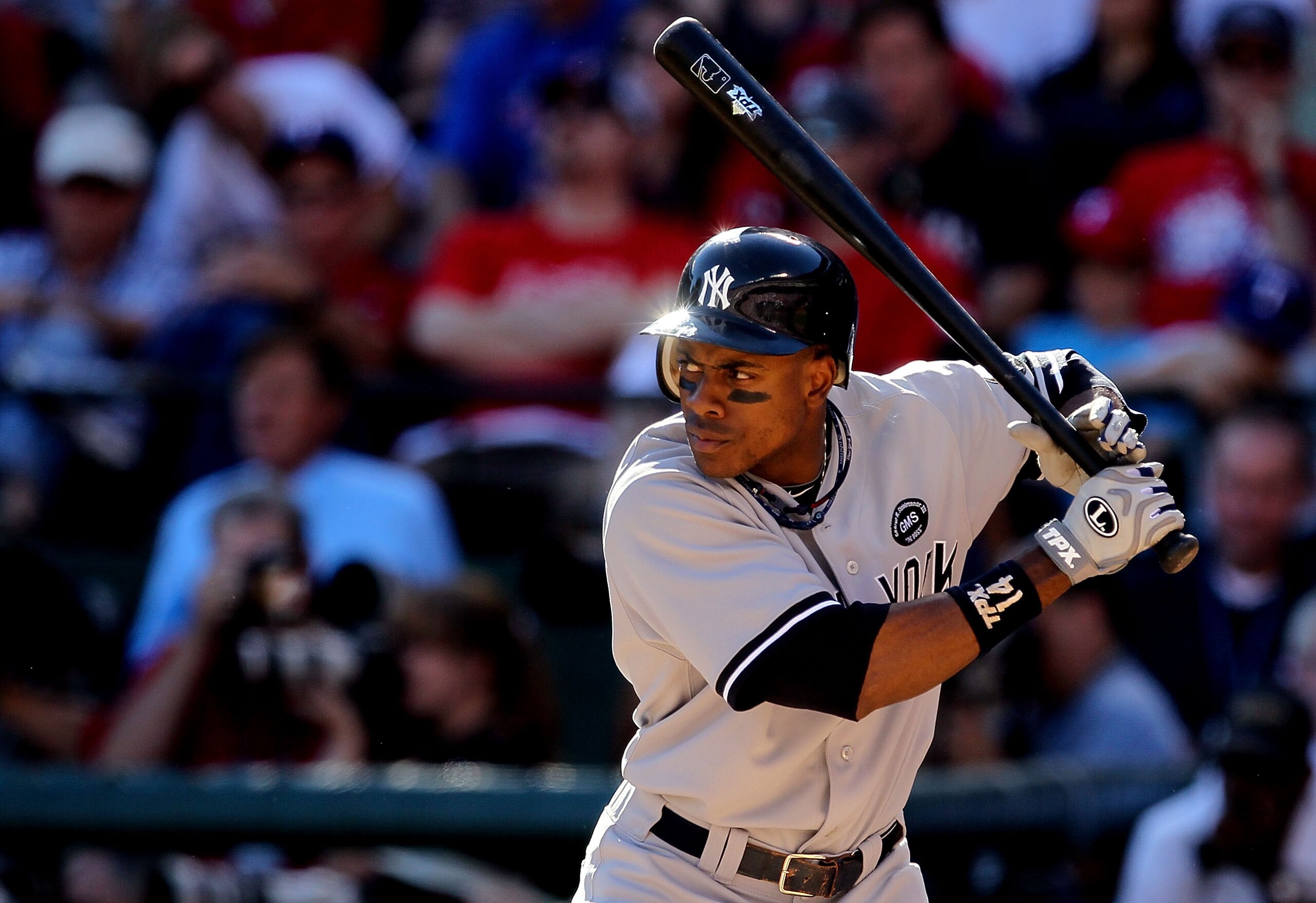 ARLINGTON, TX - OCTOBER 16:  Curtis Granderson #14 of the New York Yankees bats against the Texas Rangers in Game Two of the ALCS during the 2010 MLB Playoffs at Rangers Ballpark in Arlington on October 16, 2010 in Arlington, Texas.  (Photo by Stephen Dun