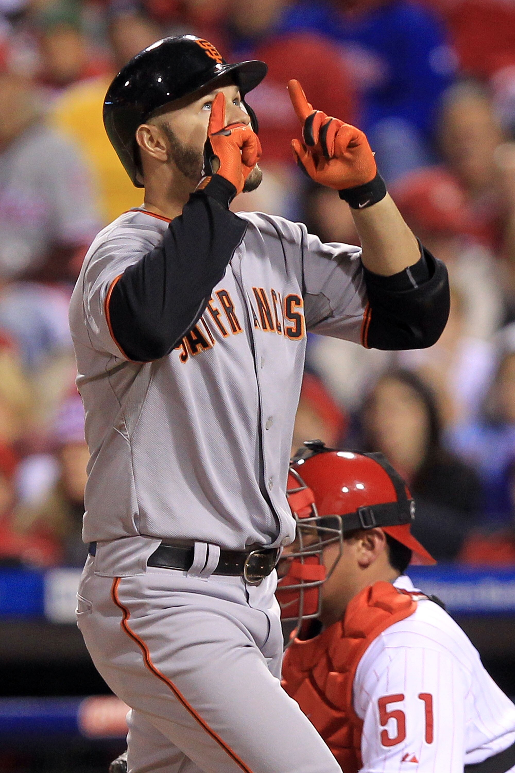 PHILADELPHIA - OCTOBER 16:  Cody Ross #13 of the San Francisco Giants reacts after a fifth inning home run against the Philadelphia Phillies in Game One of the NLCS during the 2010 MLB Playoffs at Citizens Bank Park on October 16, 2010 in Philadelphia, Pe