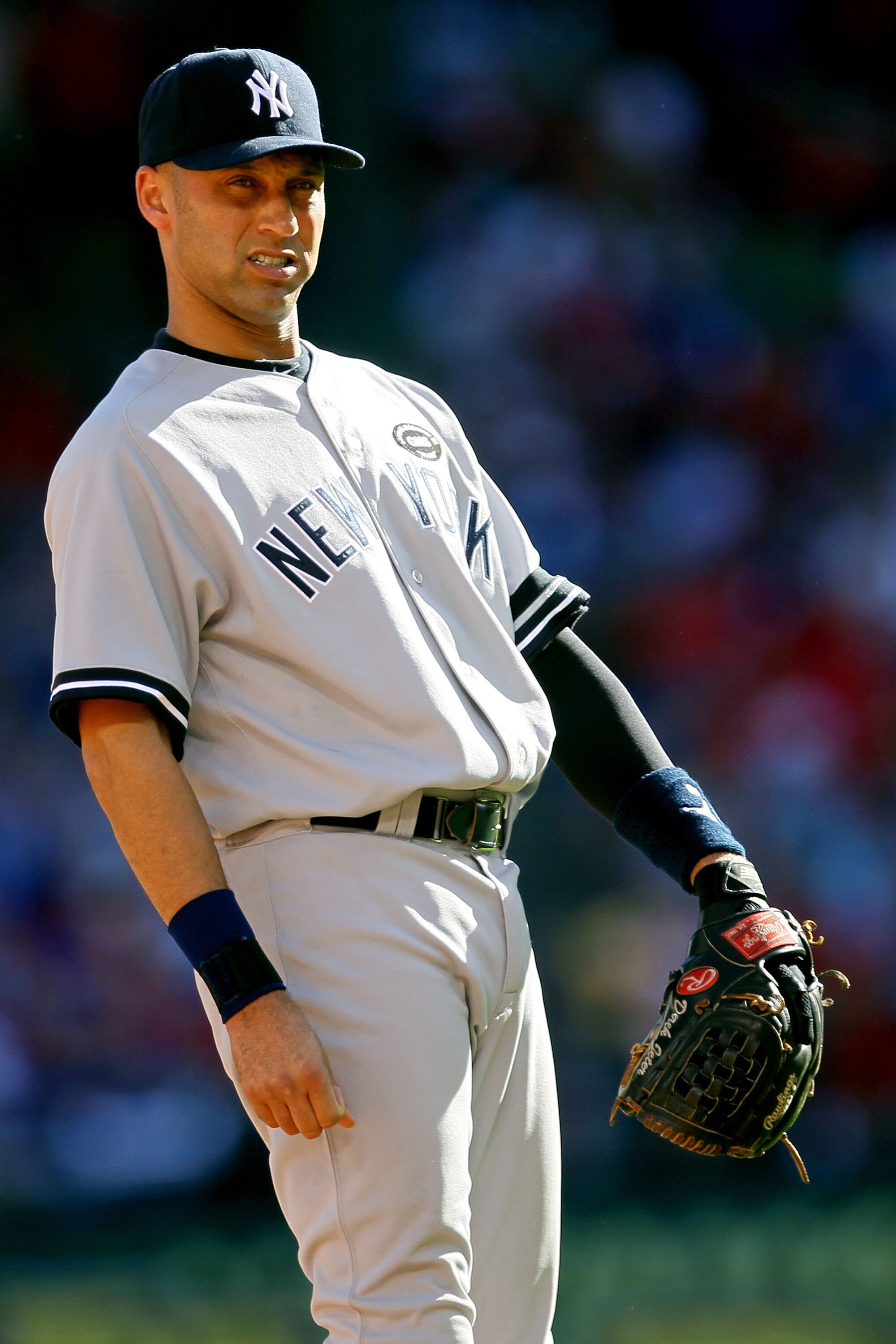 ARLINGTON, TX - OCTOBER 16:  Derek Jeter #2 of the New York Yankees reacts against the Texas Rangers in Game Two of the ALCS during the 2010 MLB Playoffs at Rangers Ballpark in Arlington on October 16, 2010 in Arlington, Texas.  (Photo by Stephen Dunn/Get