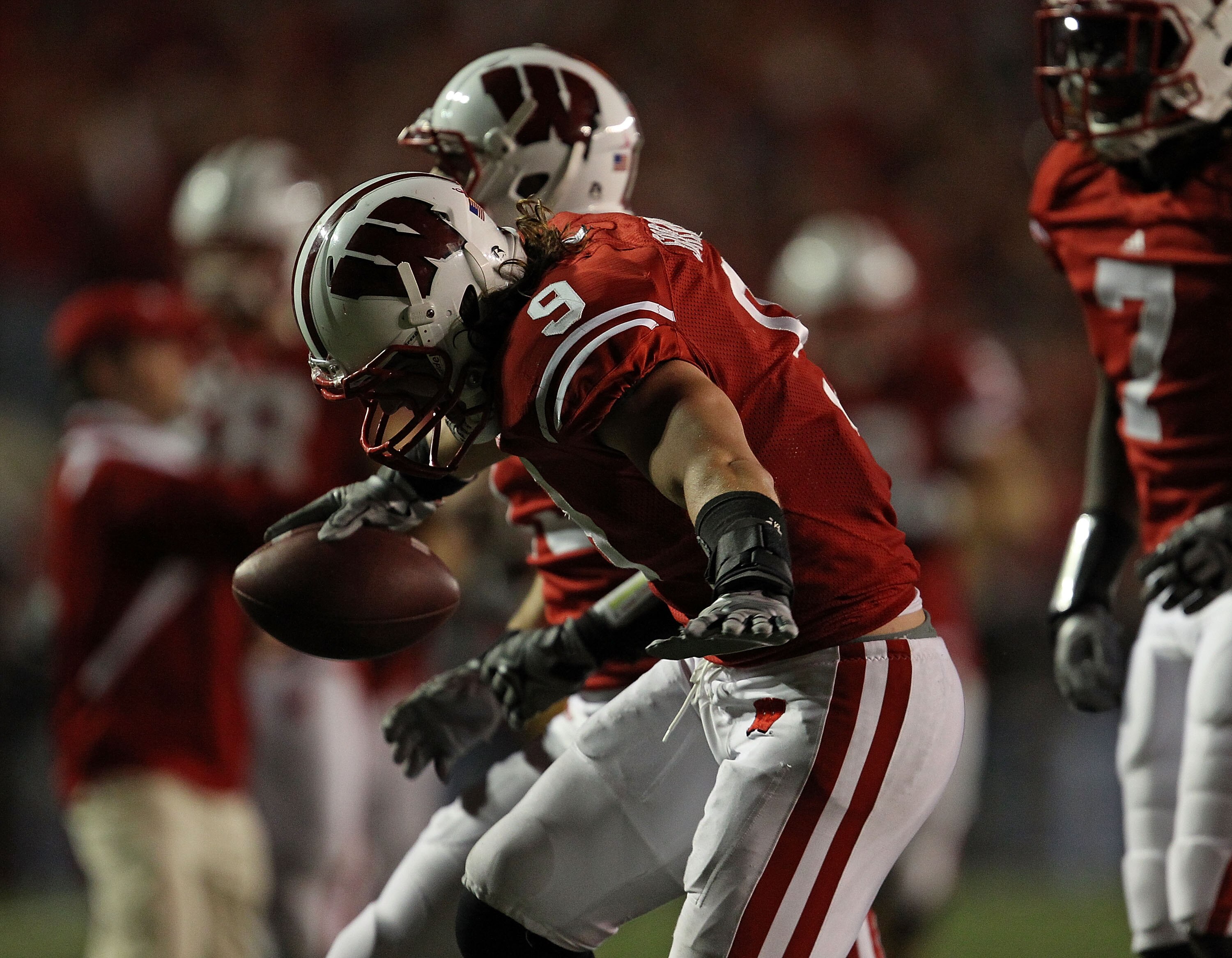 MADISON, WI - OCTOBER 16: Blake Sorensen #9 of the Wisconsin Badgers celebrates his interception near the end of a game against the Ohio State Buckeyes at Camp Randall Stadium on October 16, 2010 in Madison, Wisconsin. Wisconsin defeated Ohio State 31-18.