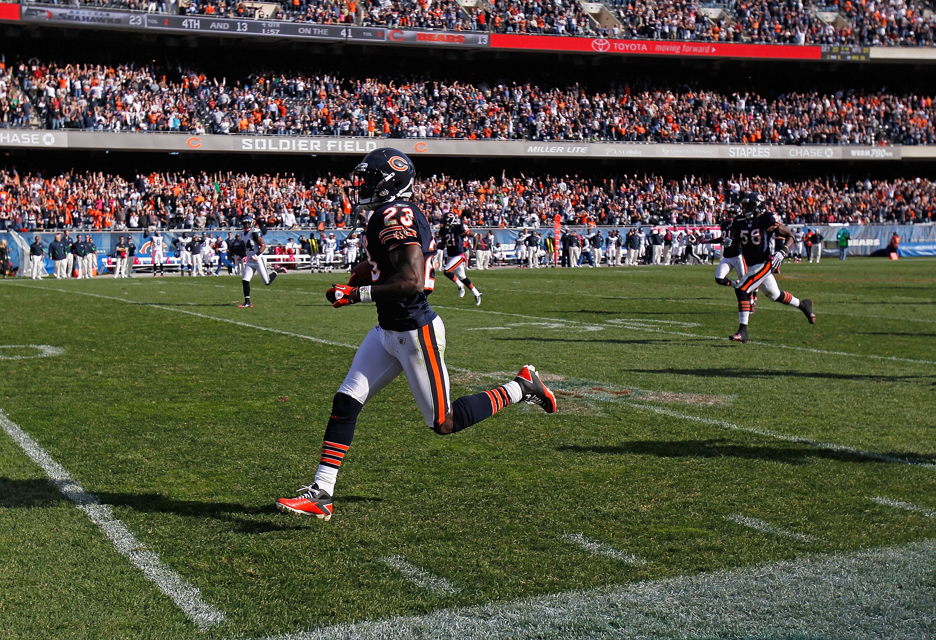 CHICAGO - OCTOBER 17: Devin Hester #23 of the Chicago Bears returns a punt 89 years for a touchdown in the 4th quarter against the Seattle Seahawks at Soldier Field on October 17, 2010 in Chicago, Illinois. The Seahawks defeated the Bears 23-20. (Photo by