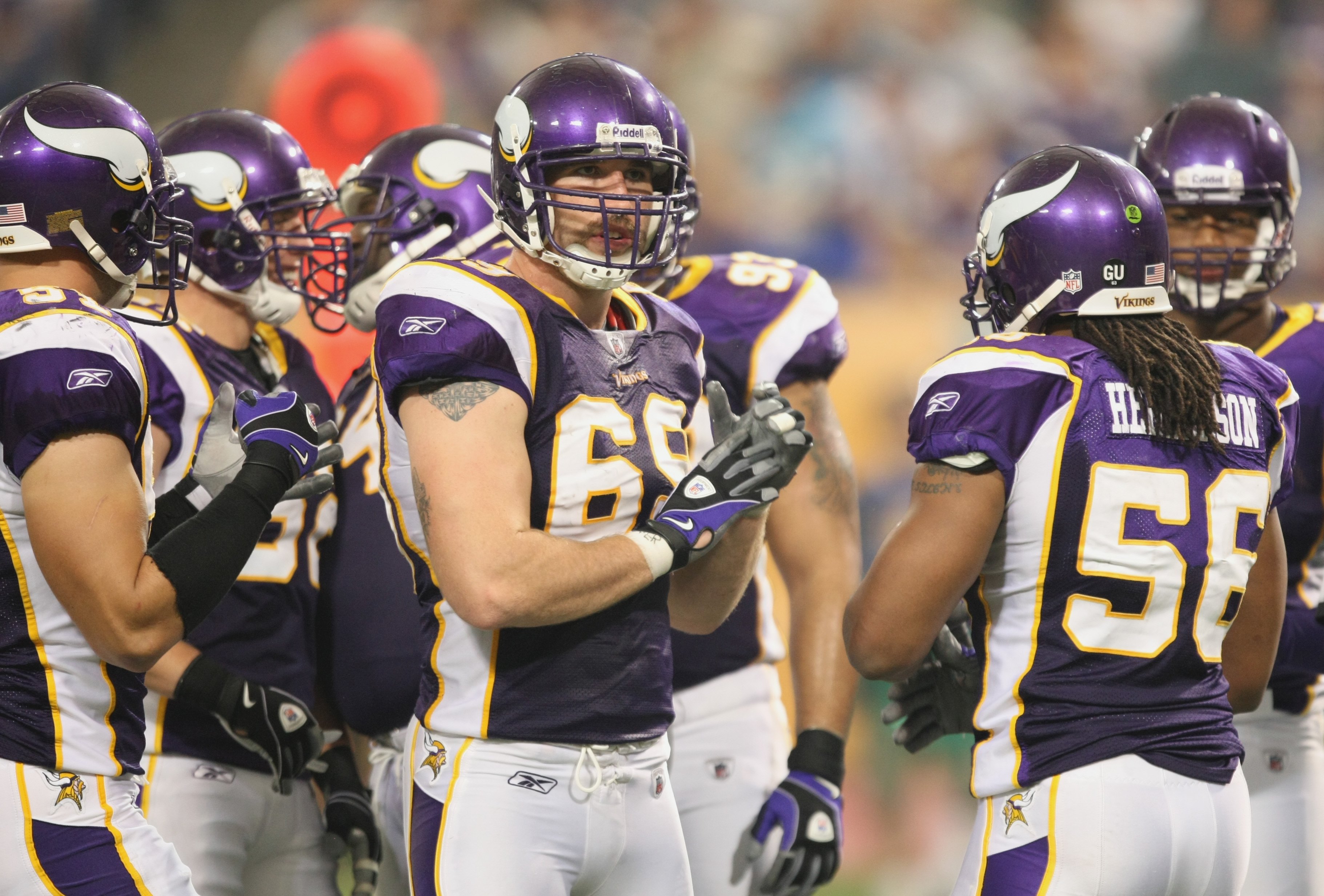 MINNEAPOLIS - SEPTEMBER 21:  Jared Allen #69 of the Minnesota Vikings looks on against the Carolina Panthers during their NFL game at the Hubert H. Humphrey Metrodome on September 21, 2008 in Minneapolis, Minnesota. The Vikings defeated the Panthers 20-10