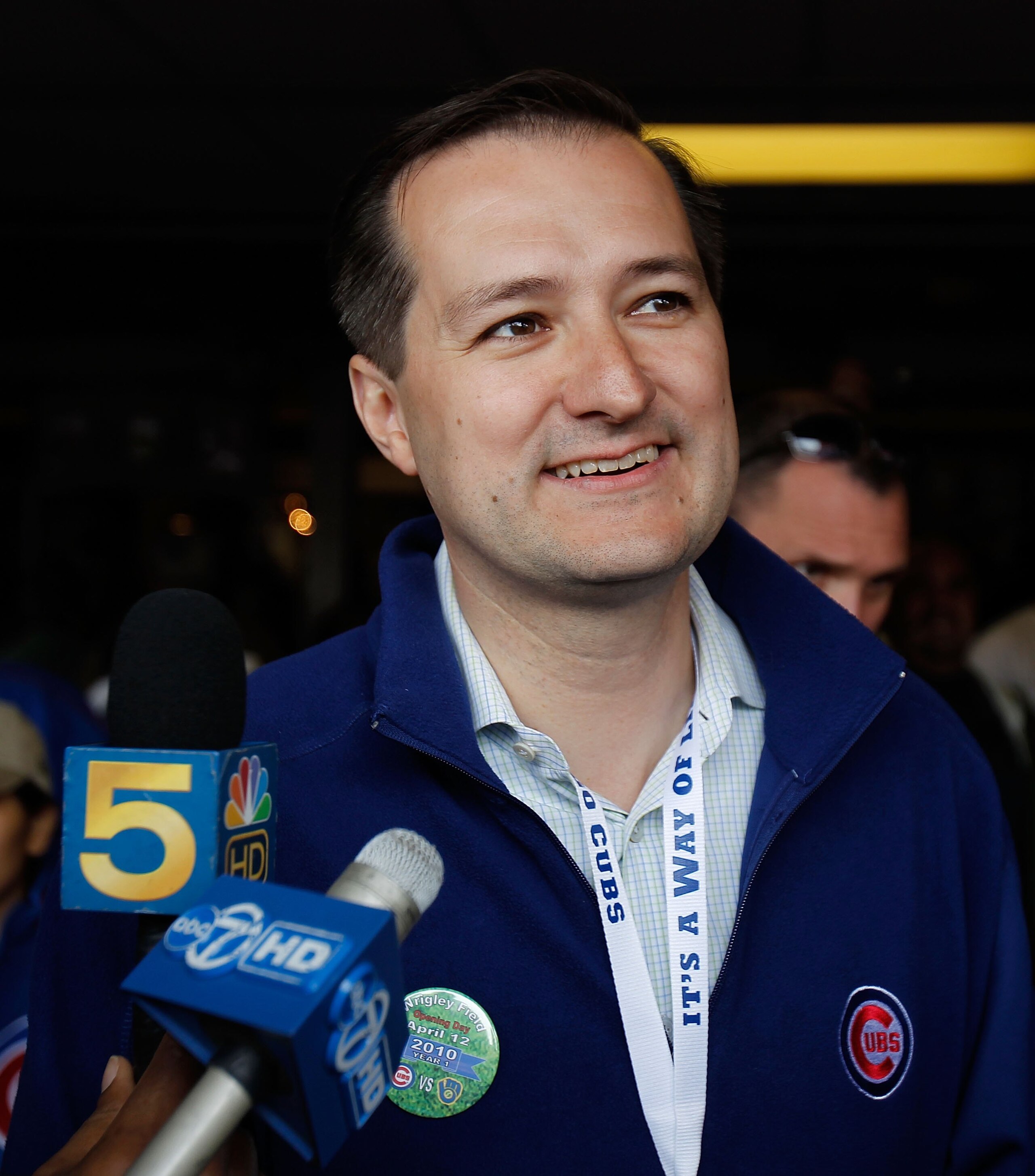 CHICAGO - APRIL 12: Tom Ricketts, owner and  Chariman of the Chicago Cubs, talks to reporters before the Opening Day game against the Milwaukee Brewers at Wrigley Field on April 12, 2010 in Chicago, Illinois. (Photo by Jonathan Daniel/Getty Images)