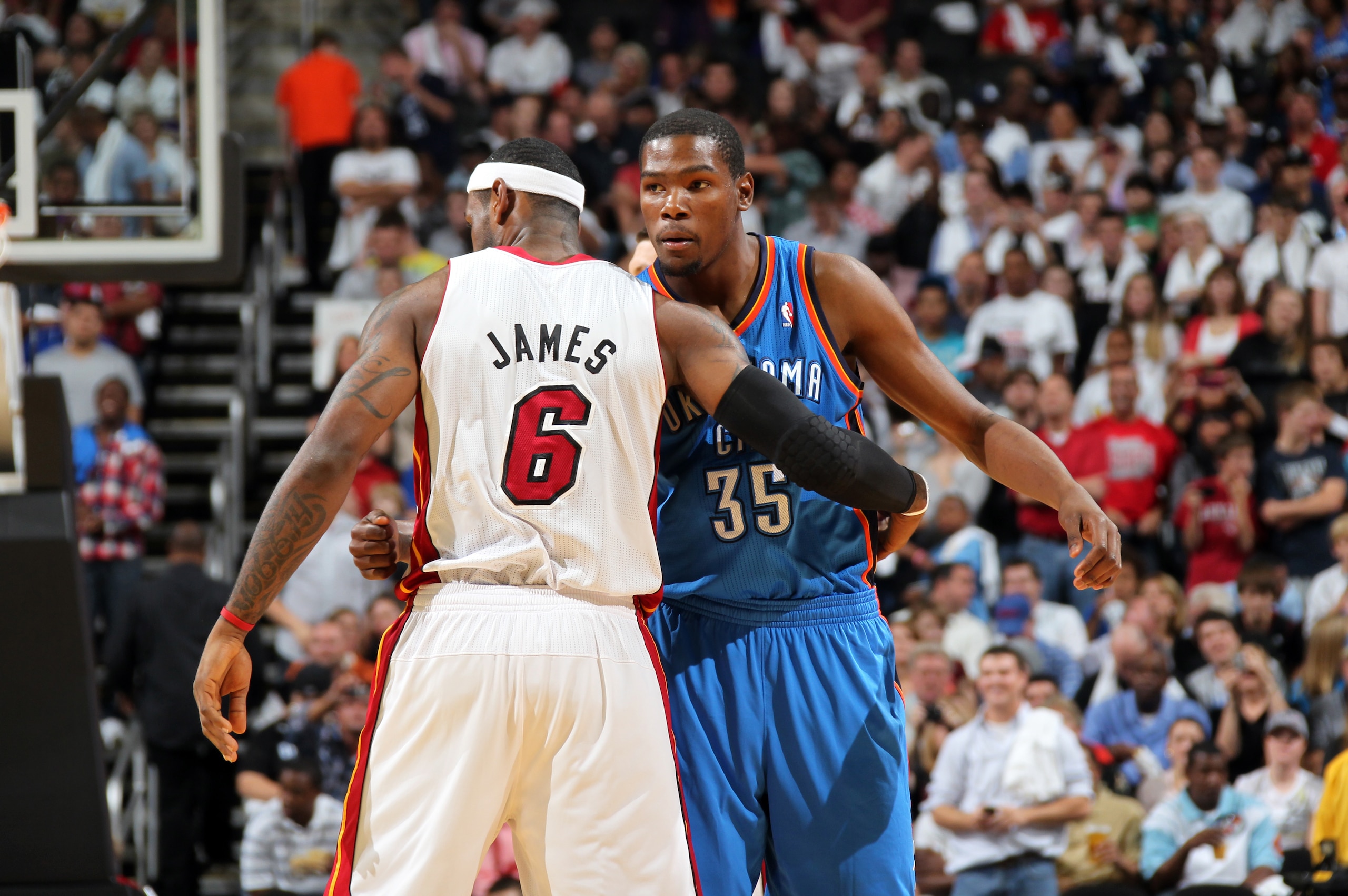 KANSAS CITY, MO - OCTOBER 8: Kevin Durant #35 of the Oklahoma City Thunder hugs LeBron James #6 of the Miami Heat before the game on October 8, 2010 at the Sprint Center in Kansas City, Missouri.  NOTE TO USER: User expressly acknowledges and agrees that,