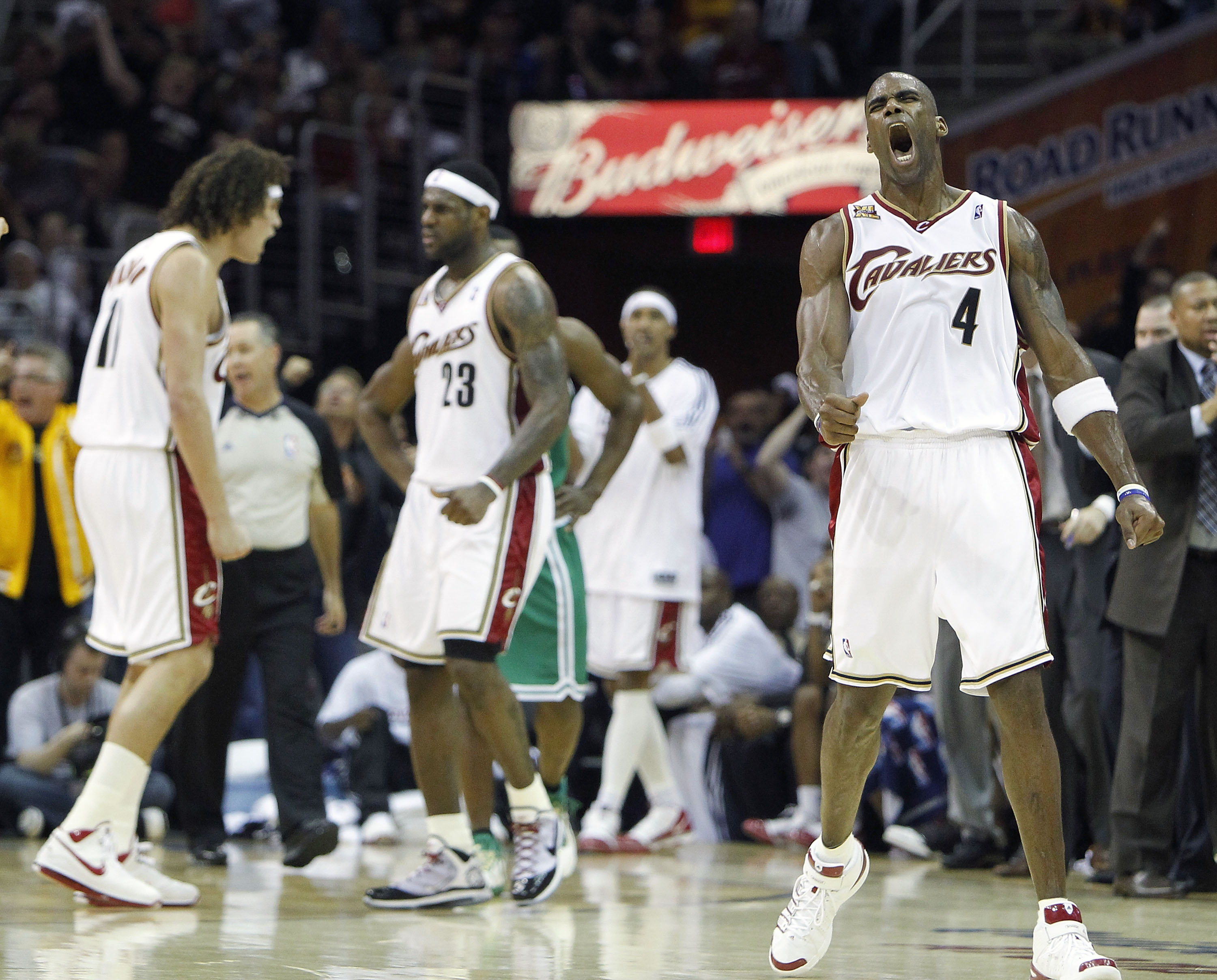 CLEVELAND - MAY 01:  Antawn Jamison #4 of the Cleveland Cavaliers reacts in front of LeBron James #23 and Anderson Varejao #17 after a turnover by the Boston Celtics during Game One of the Eastern Conference Semifinals during the 2010 NBA Playoffs at Quic