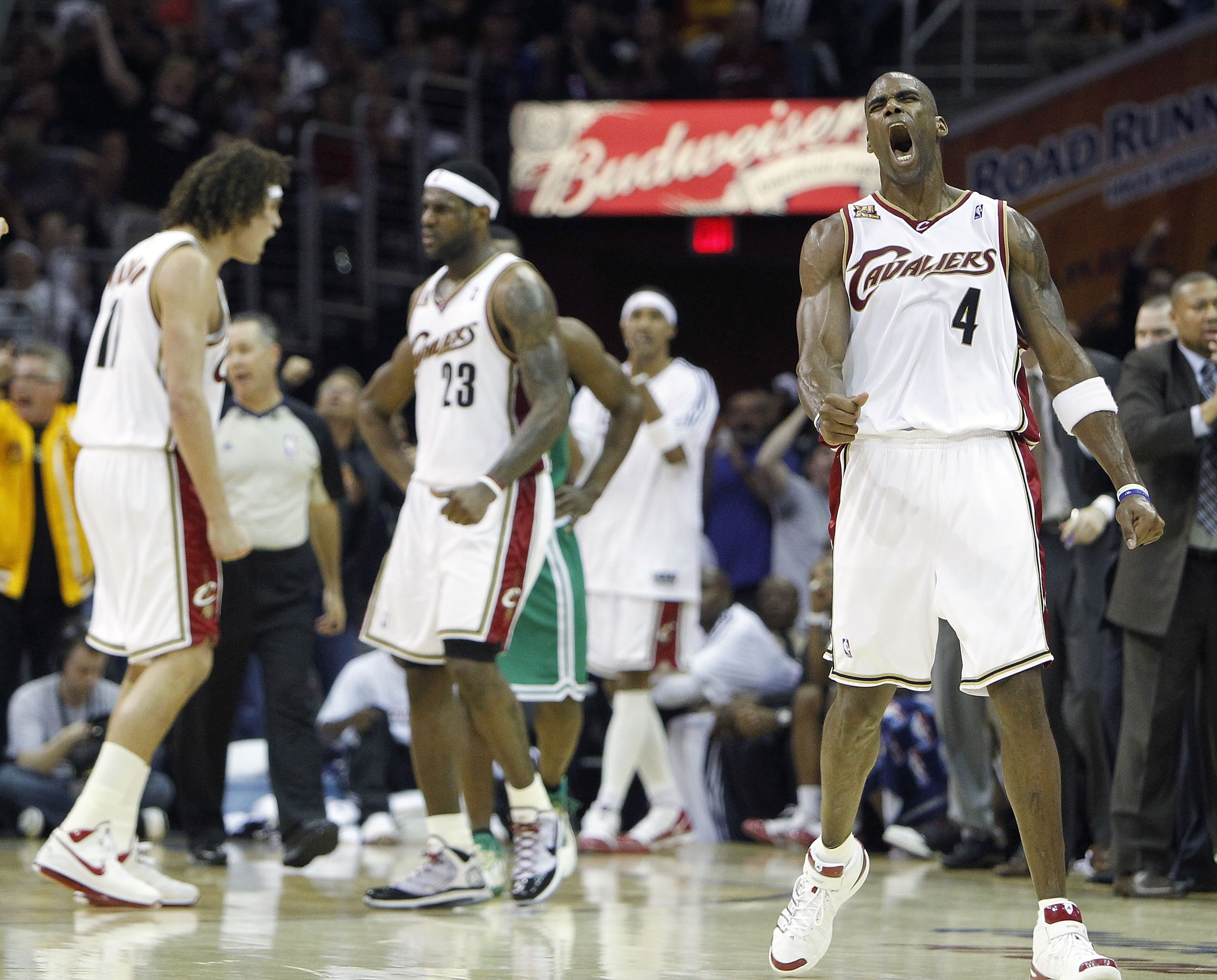 CLEVELAND - MAY 01:  Antawn Jamison #4 of the Cleveland Cavaliers reacts in front of LeBron James #23 and Anderson Varejao #17 after a turnover by the Boston Celtics during Game One of the Eastern Conference Semifinals during the 2010 NBA Playoffs at Quic