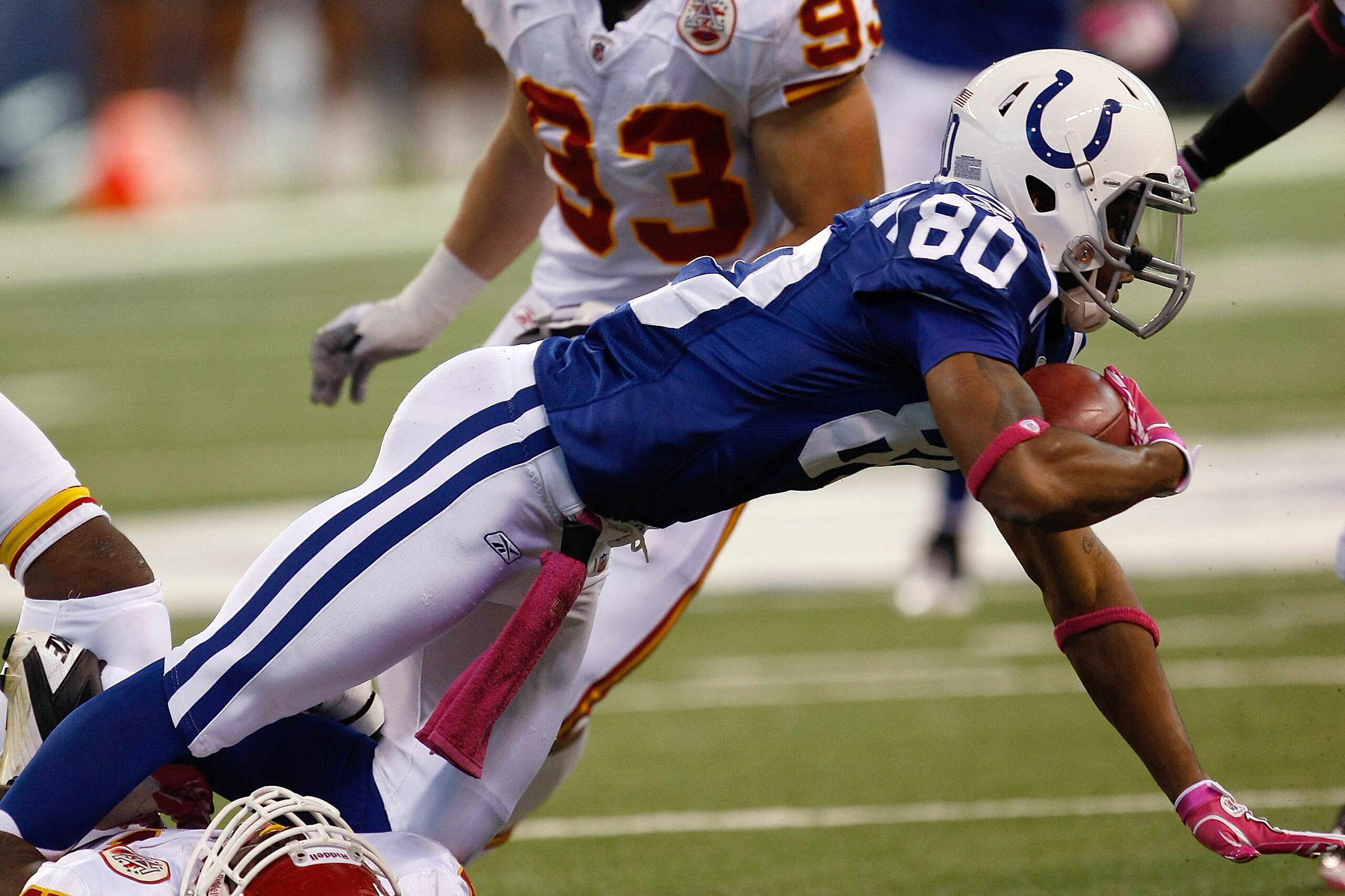 INDIANAPOLIS, IN - OCTOBER 10: Kenny Moore #80 of the Indianapolis Colts dives against the Kansas City Chiefs at Lucas Oil Stadium on October 10, 2010 in Indianapolis, Indiana. The Colts defeated the Chiefs 19-9. (Photo by Scott Boehm/Getty Images)