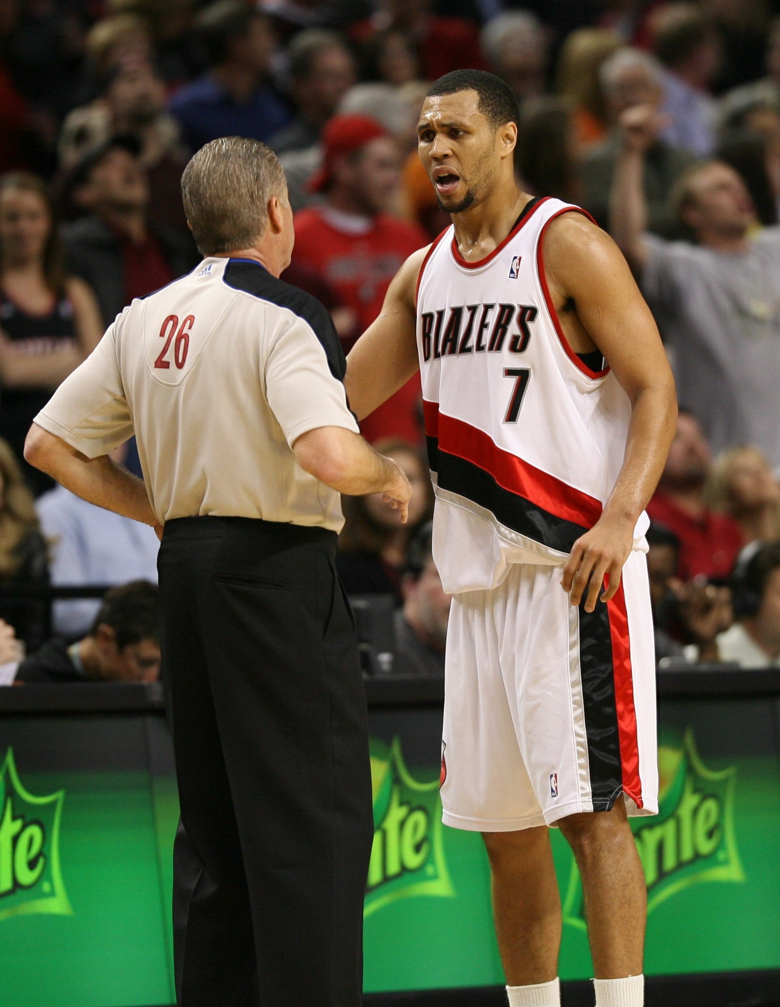 PORTLAND, OR - APRIL 29:  Brandon Roy #7 of the Portland Trail Blazers talks to the ref against the Phoenix Suns during Game Six of the Western Conference Quarterfinals of the NBA Playoffs on April 29, 2010 at the Rose Garden in Portland, Oregon. The Suns