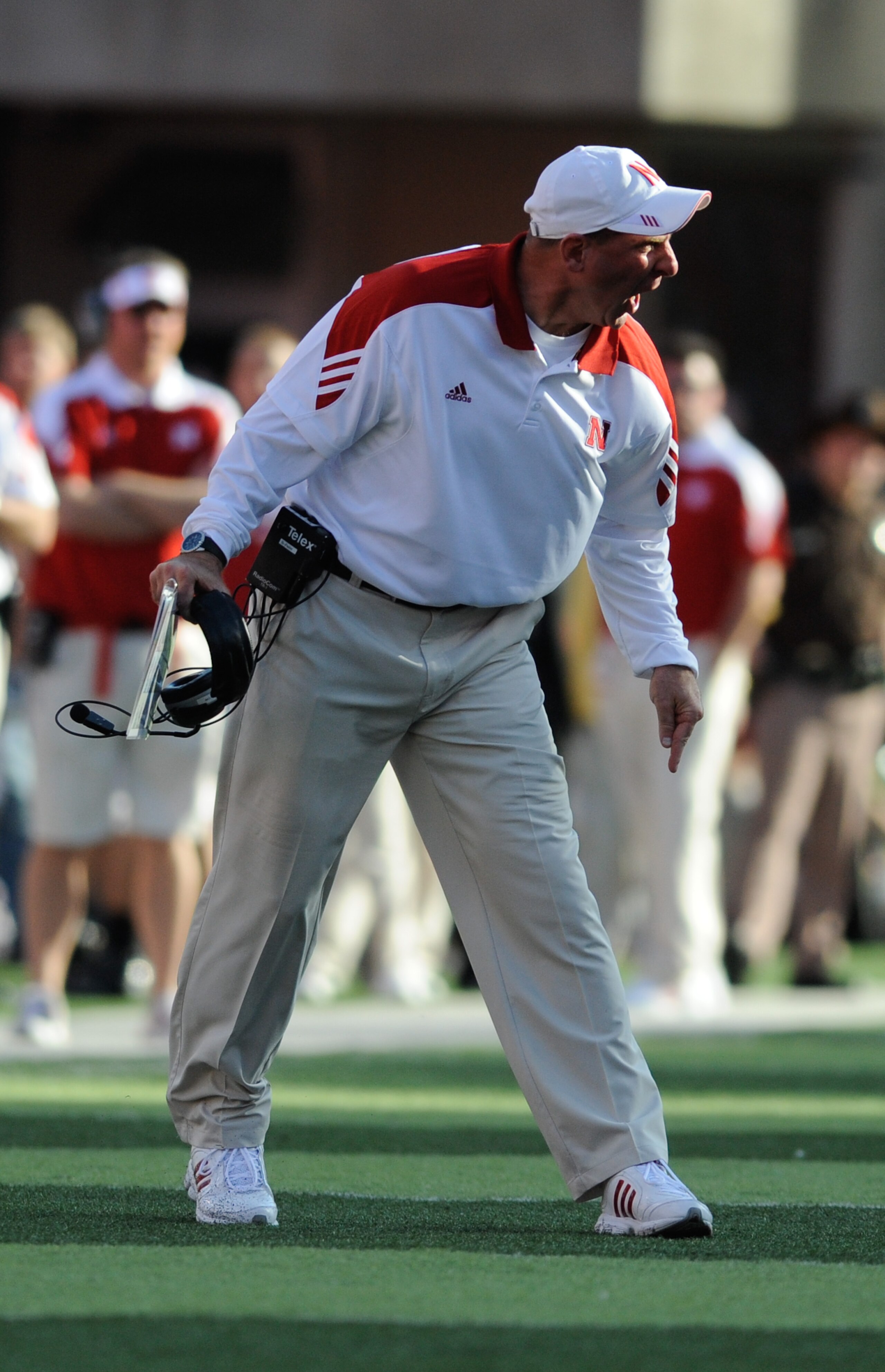 LINCOLN, NE - OCTOBER 16: Coach Bo Pelini of the Nebraska Cornhuskers expresses his displeasure with the officials during second half action of their game at Memorial Stadium on October 16, 2010 in Lincoln, Nebraska. Texas Defeated Nebraska 20-13. (Photo