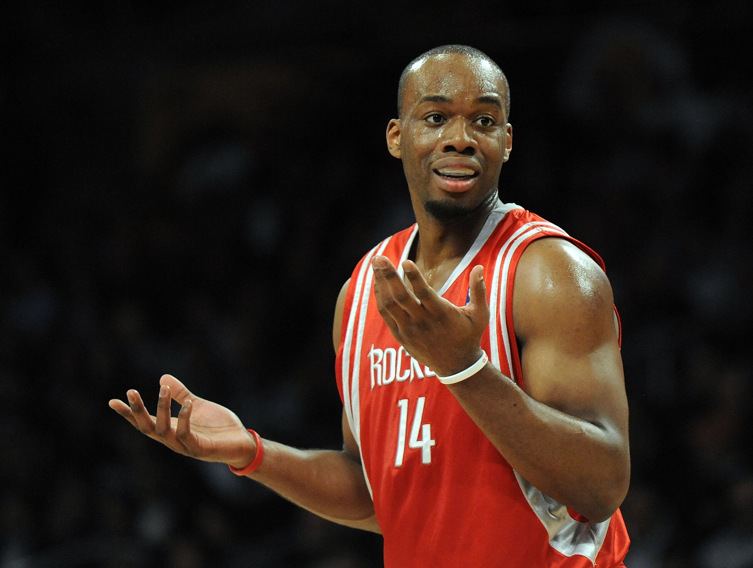 LOS ANGELES, CA - JANUARY 05:  Carl Landry #14 of the Houston Rockets complains about a foul against the Los Angeles Lakers during the first half at Staples Center on January 5, 2010 in Los Angeles, California.  NOTE TO USER: User expressly acknowledges a