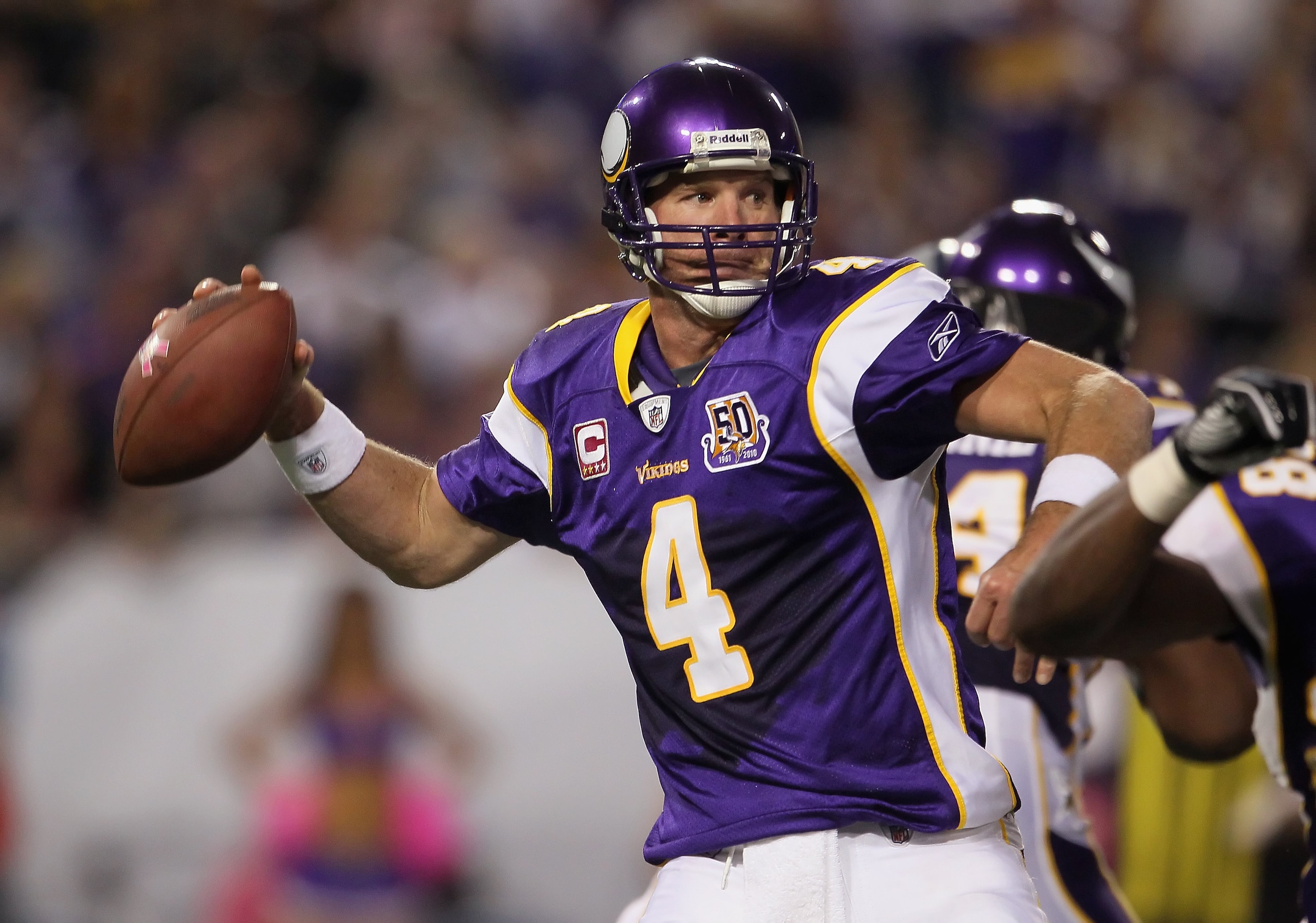 MINNEAPOLIS - OCTOBER 17: Quarterback Brett Favre #4 of the Minnesota Vikings drops back to pass during the fourth quarter against the Dallas Cowboys at Mall of America Field on October 17, 2010 in Minneapolis, Minnesota. The Vikings defeated the Cowboys MINNEAPOLIS - OCTOBER 17: Quarterback Brett Favre #4 of the Minnesota Vikings drops back to pass during the fourth quarter against the Dallas Cowboys at Mall of America Field on October 17, 2010 in Minneapolis, Minnesota. The Vikings defeated the Cowboys