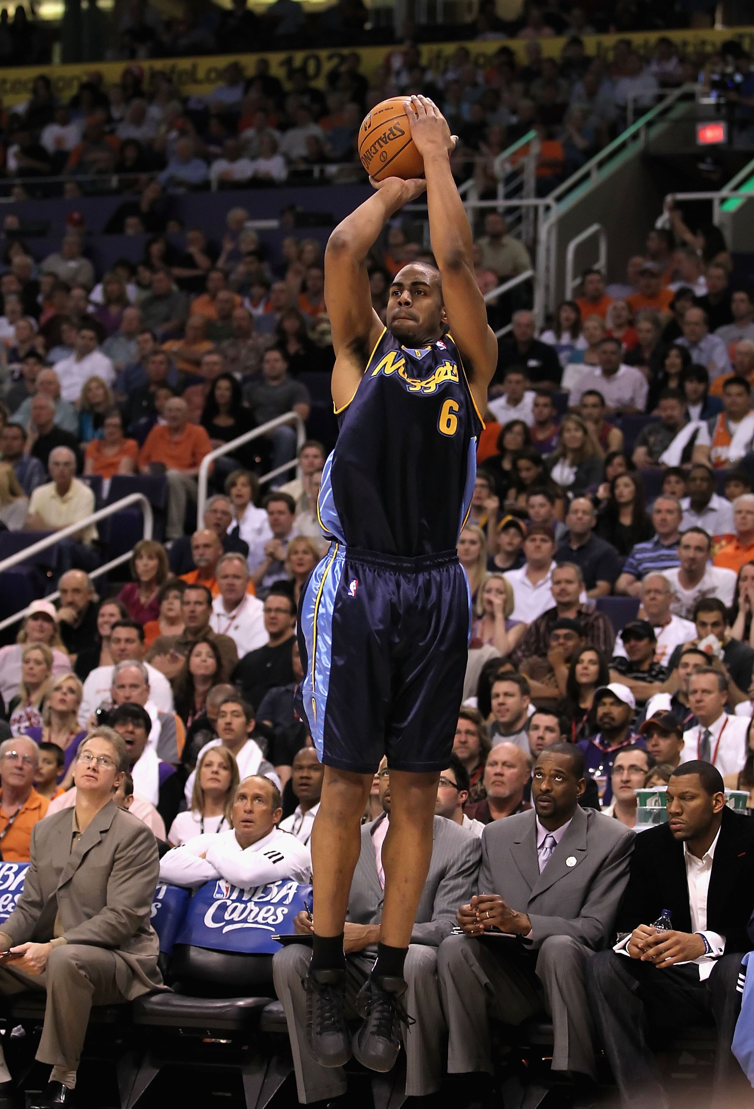 PHOENIX - APRIL 13:  Arron Afflalo #6 of the Denver Nuggets puts up a shot during the NBA game against the Phoenix Suns at US Airways Center on April 13, 2010 in Phoenix, Arizona. The Suns defeated the Nuggets 123-101.  NOTE TO USER: User expressly acknow