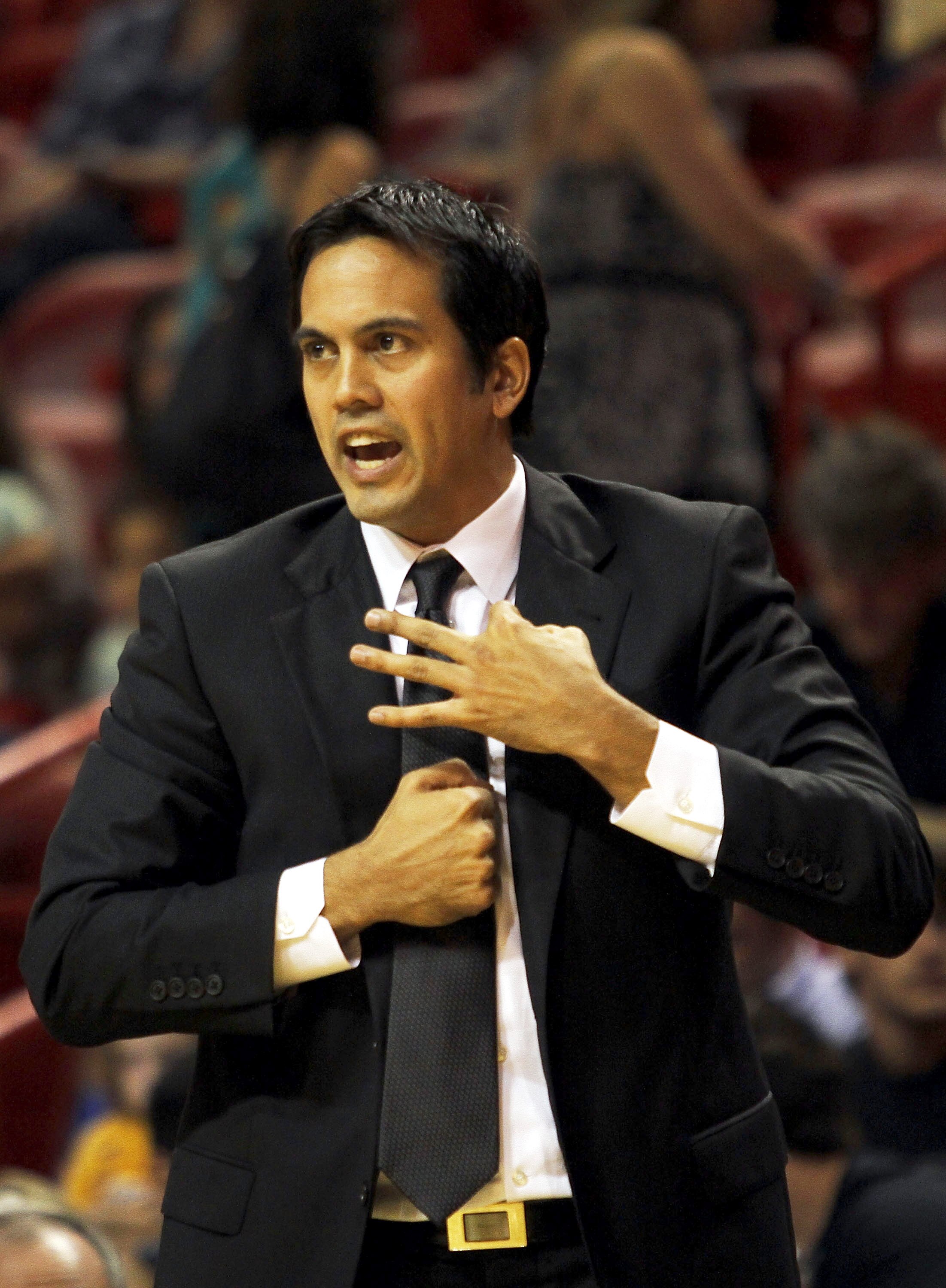 MIAMI - OCTOBER 12:  Head coach Erik Spoelstra of the Miami Heat during a game against CSKA Moscow on October 12, 2010 in Miami, Florida.  Miami heat won 96-85 over CSKA Moscow.  NOTE TO USER: User expressly acknowledges and agrees that, by downloading an