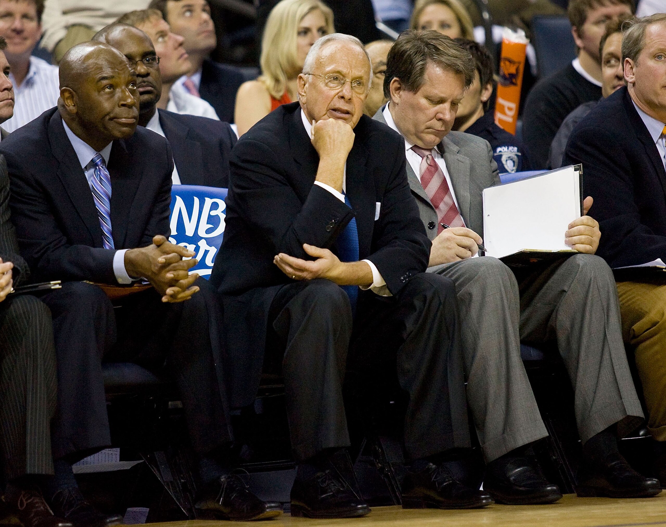 CHARLOTTE, NC - APRIL 26: (L-R) Charlotte Bobcats coaches Phil Ford, Larry Brown and Dave Hanners can only watch as time runs down against the Orlando Magic at Time Warner Cable Arena on April 26, 2010 in Charlotte, North Carolina.  The Magic defeated the