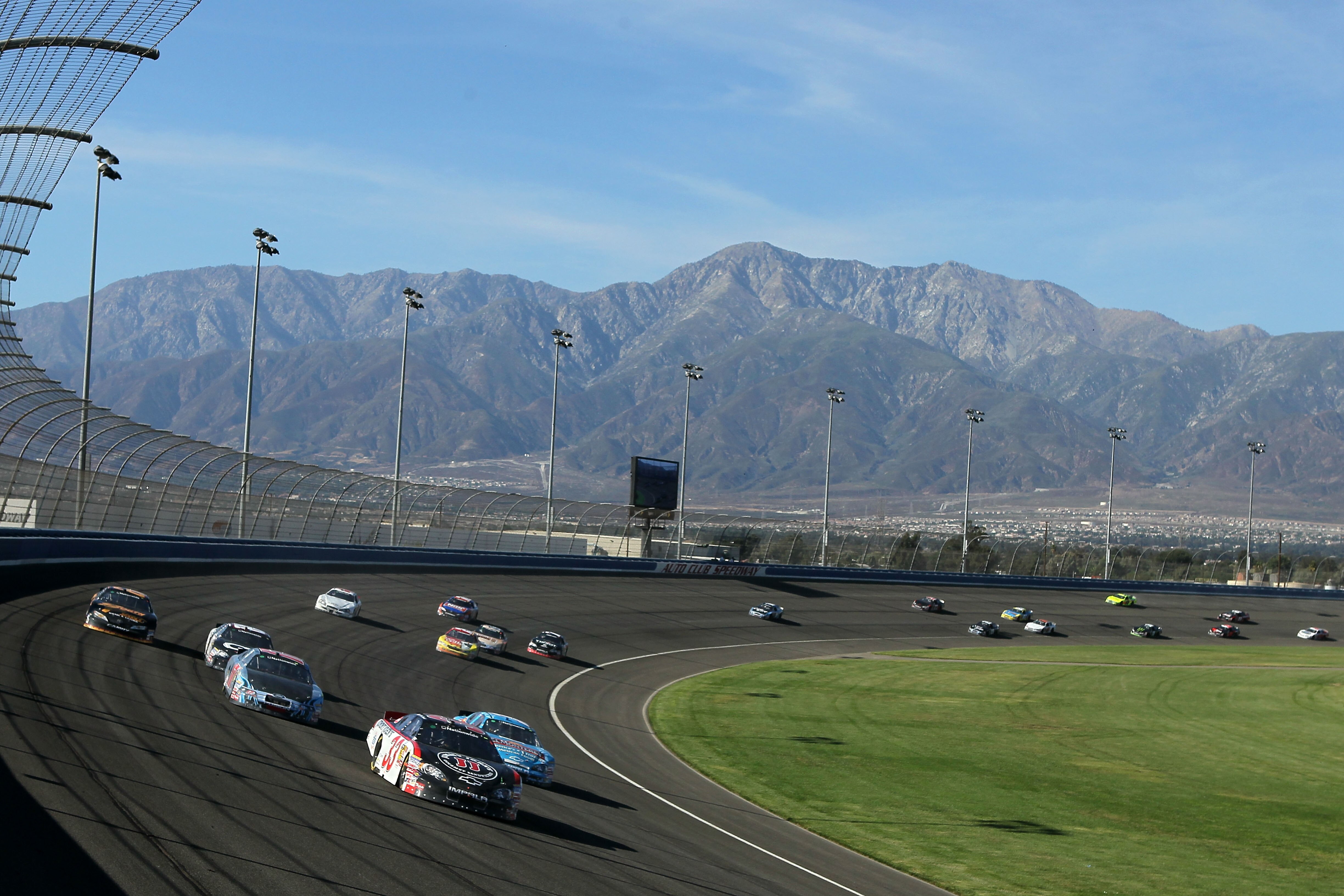 FONTANA, CA - OCTOBER 09:  Kevin Harvick, driver of the #33 Jimmy John's Chevrolet, leads a group of cars during the NASCAR Nationwide Series CampingWorld.com 300 on October 9, 2010 in Fontana, California.  (Photo by Jeff Gross/Getty Images)