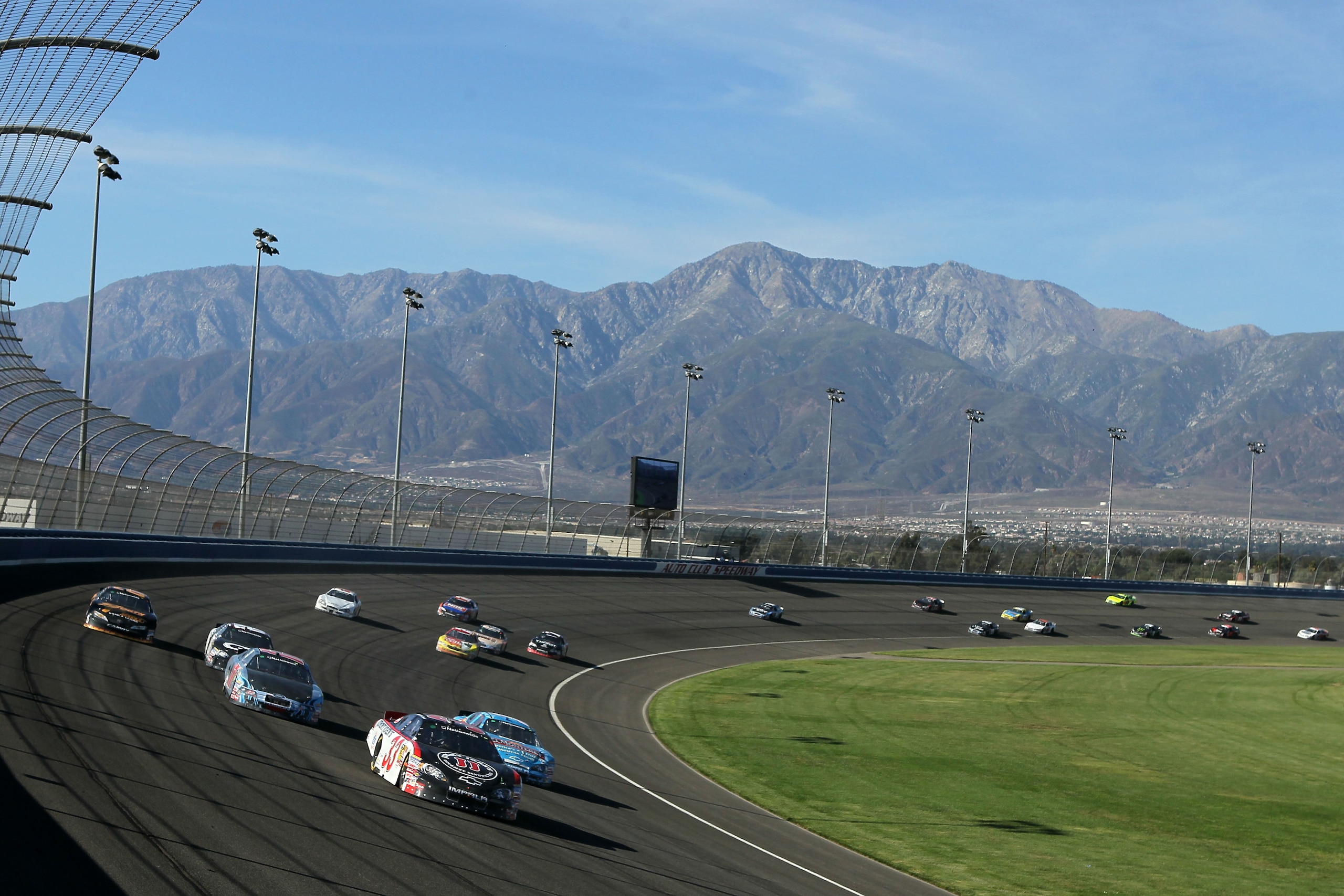FONTANA, CA - OCTOBER 09:  Kevin Harvick, driver of the #33 Jimmy John's Chevrolet, leads a group of cars during the NASCAR Nationwide Series CampingWorld.com 300 on October 9, 2010 in Fontana, California.  (Photo by Jeff Gross/Getty Images)