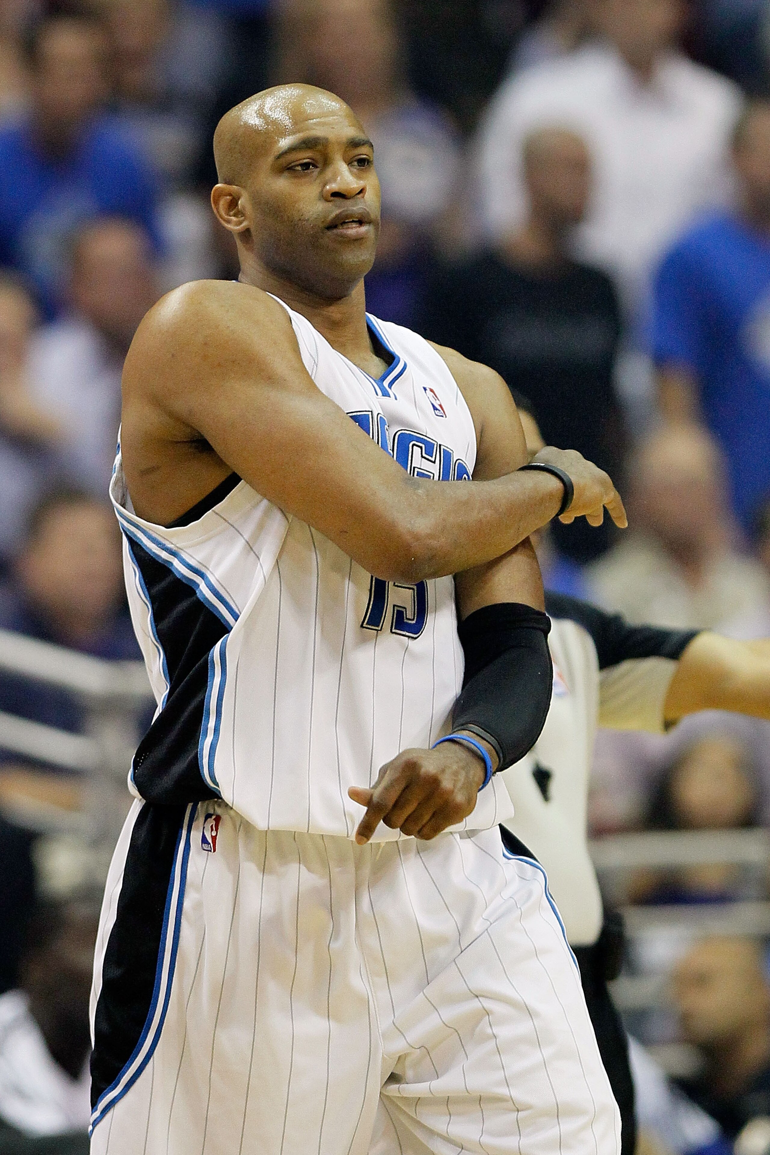 ORLANDO, FL - MAY 18:  Vince Carter #15 of the Orlando Magic reacts against the Boston Celtics in Game Two of the Eastern Conference Finals during the 2010 NBA Playoffs at Amway Arena on May 18, 2010 in Orlando, Florida.  NOTE TO USER: User expressly ackn