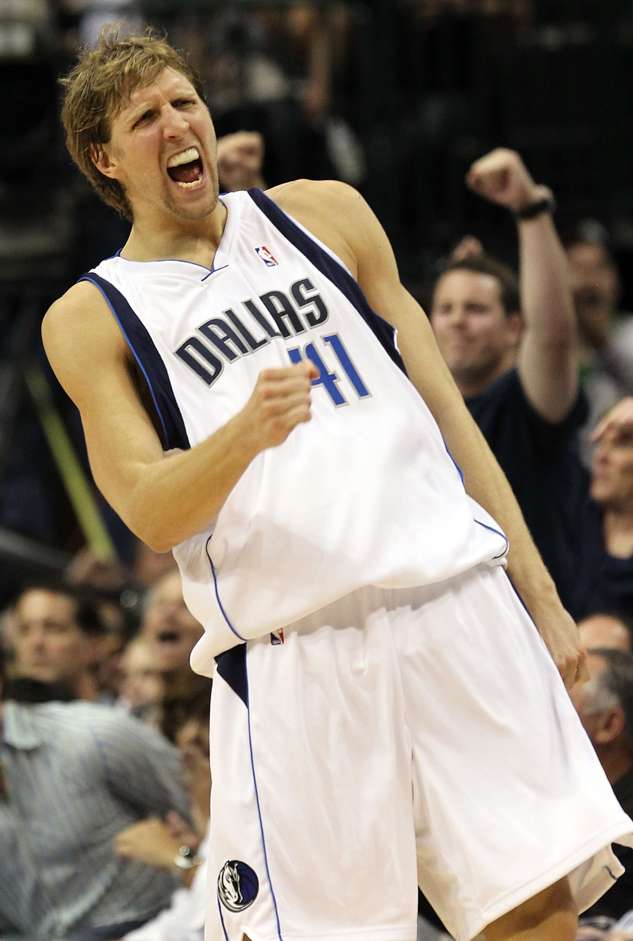 DALLAS - APRIL 18:  Forward Dirk Nowitzki #41 of the Dallas Mavericks reacts during play against the San Antonio Spurs in Game One of the Western Conference Quarterfinals during the 2010 NBA Playoffs at American Airlines Center on April 18, 2010 in Dallas