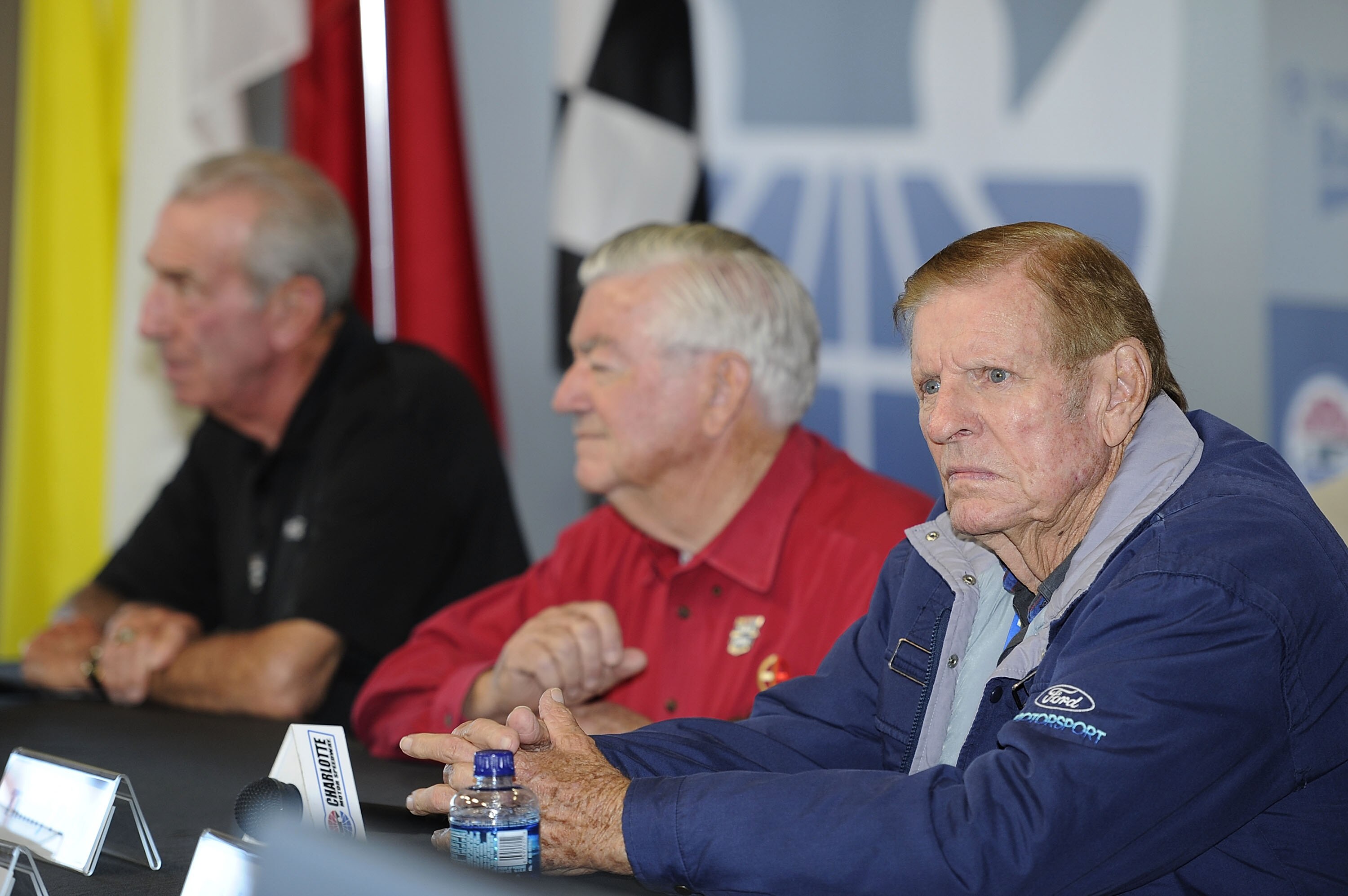 CONCORD, NC - OCTOBER 16:  NASCAR Past Champions Bud Moore (R), Bobby Allison (C), and Ned Jarrett (L) speak to the media prior to the NASCAR Sprint Cup Series Bank of America 500 at Charlotte Motor Speedway on October 16, 2010 in Concord, North Carolina.