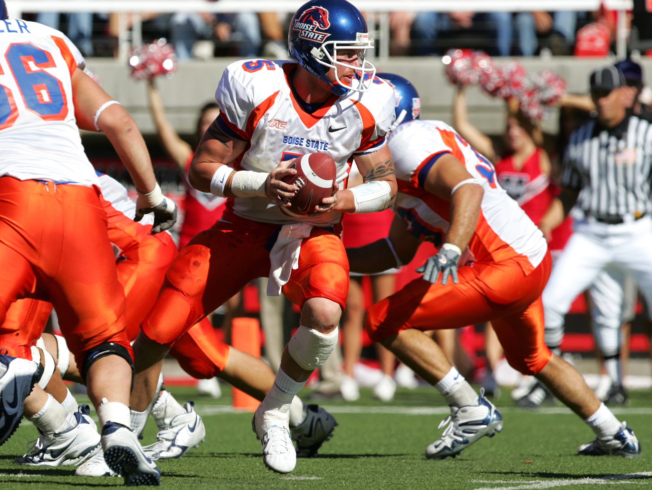 SALT LAKE CITY - SEPTEMBER 30:   Quarterback Jared Zabransky #5 of the Boise State Broncos gets ready to hand the ball off against the Utah Utes at Rice-Eccles Stadium during their game on September 30, 2006 in Salt Lake City, Utah. The Broncos of Boise S
