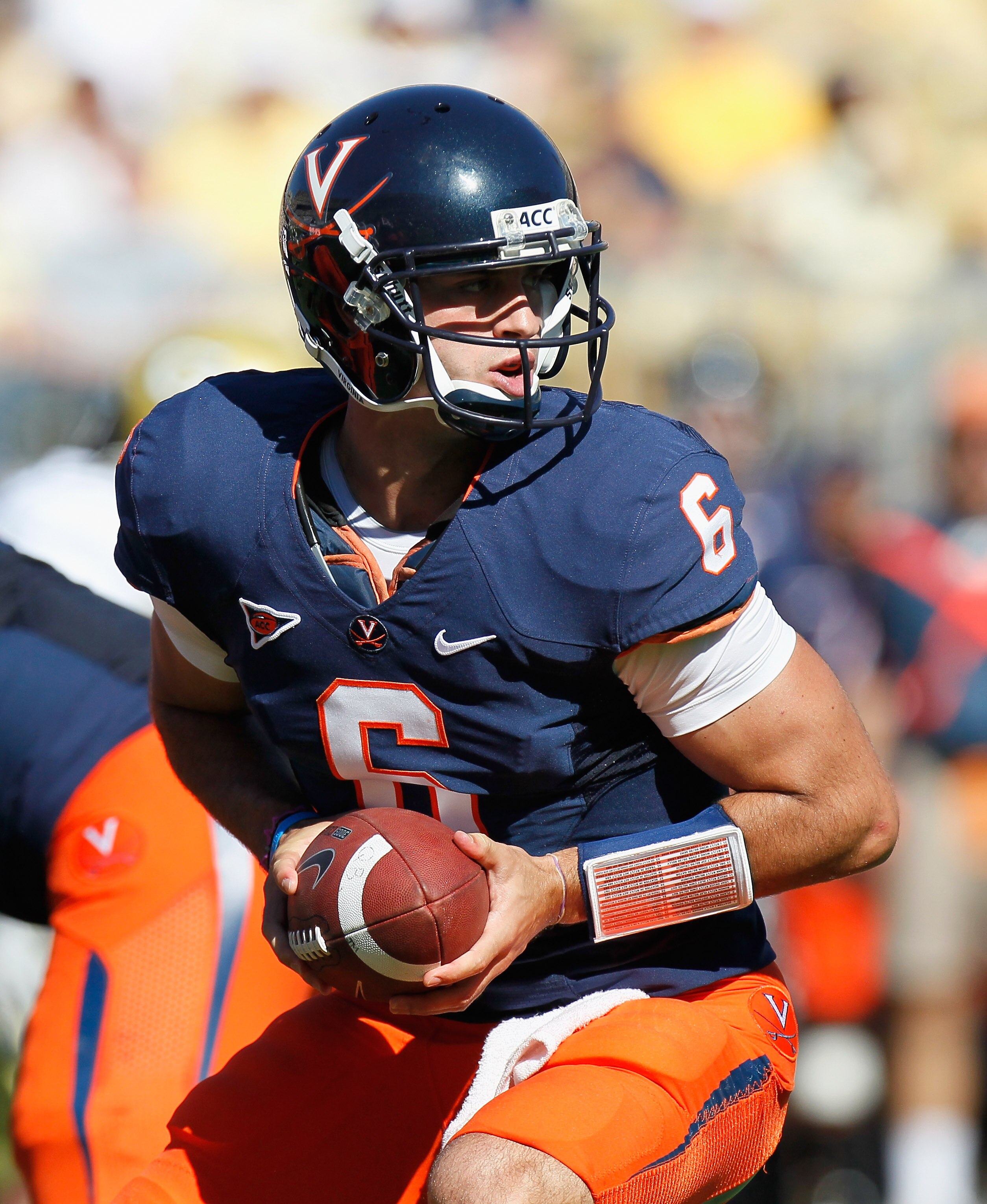 ATLANTA - OCTOBER 09:  Quarterback Marc Verica #6 of the Virginia Cavaliers against the Georgia Tech Yellow Jackets at Bobby Dodd Stadium on October 9, 2010 in Atlanta, Georgia.  (Photo by Kevin C. Cox/Getty Images)