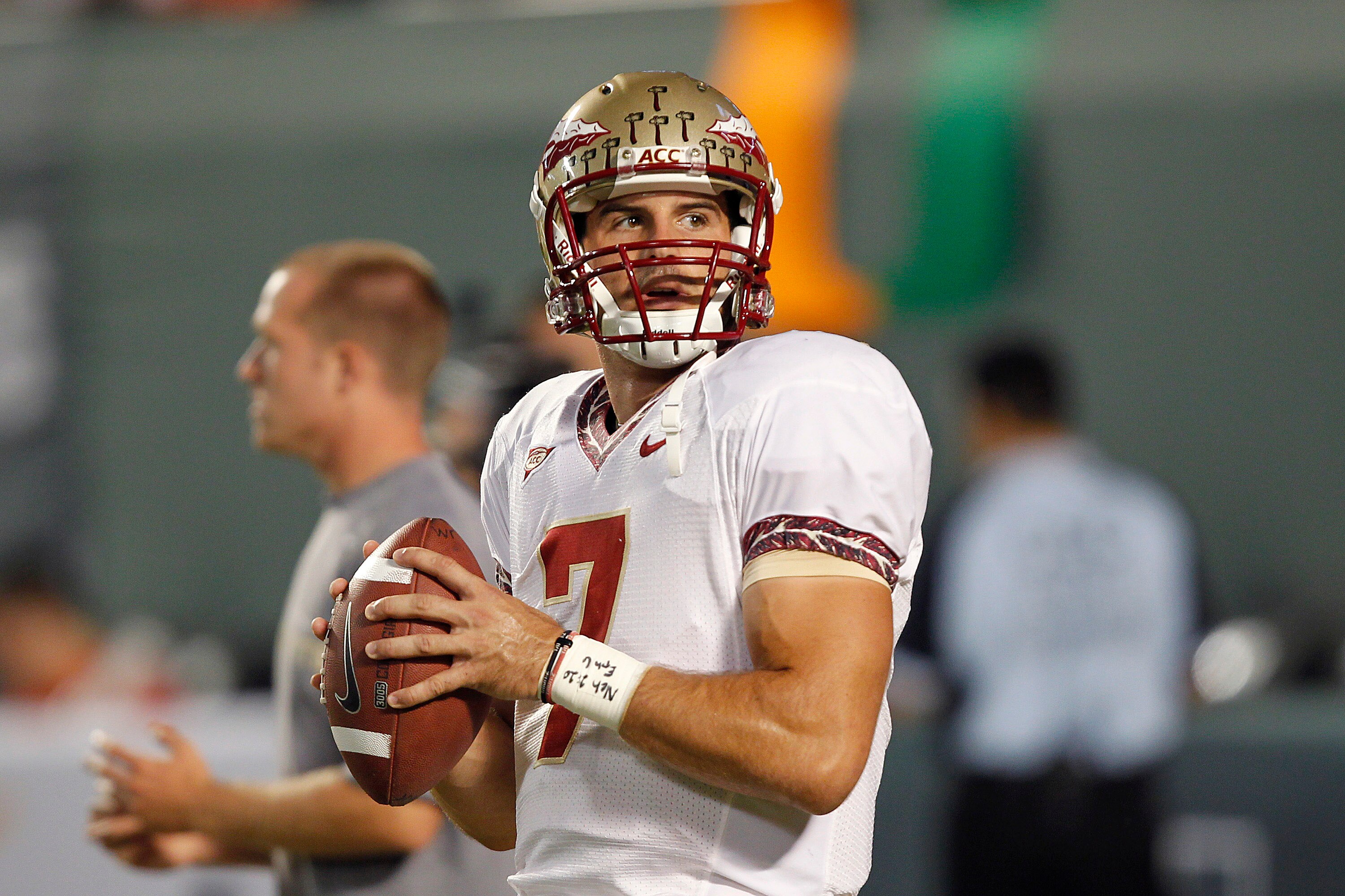 MIAMI, FL - OCTOBER 9: Christian Ponder #7 of the Florida State Seminoles warms up prior to the game against the Miami Hurricanes on October 9, 2010 at Sun Life Stadium in Miami, Florida. (Photo by Joel Auerbach/Getty Images)