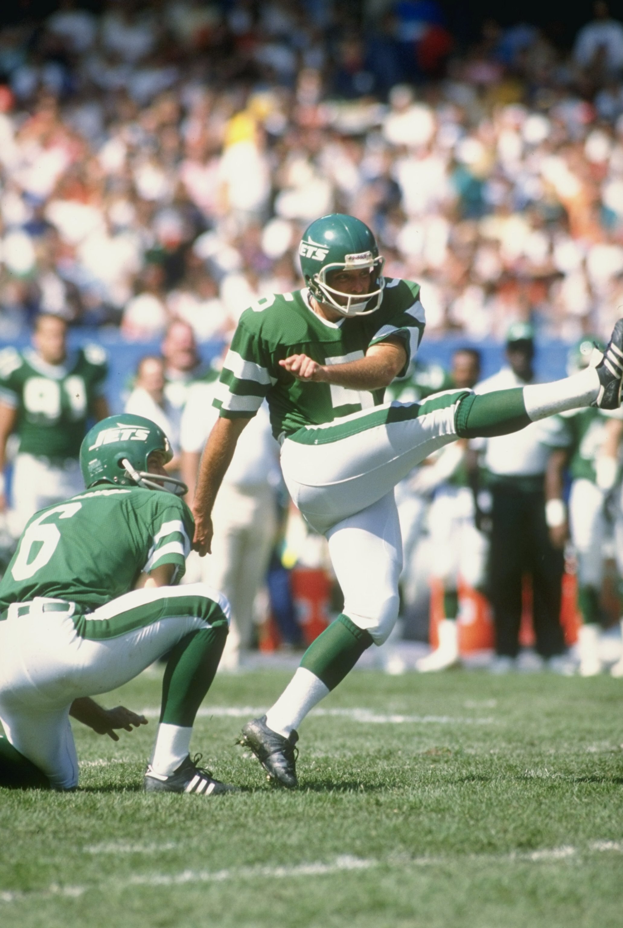 1989:  Placekicker Pat Leahy of the New York Jets kicks the ball during a game against the Cleveland Browns at Cleveland Stadium in Cleveland, Ohio.  The Browns won the game 38-24. Mandatory Credit: Rick Stewart  /Allsport