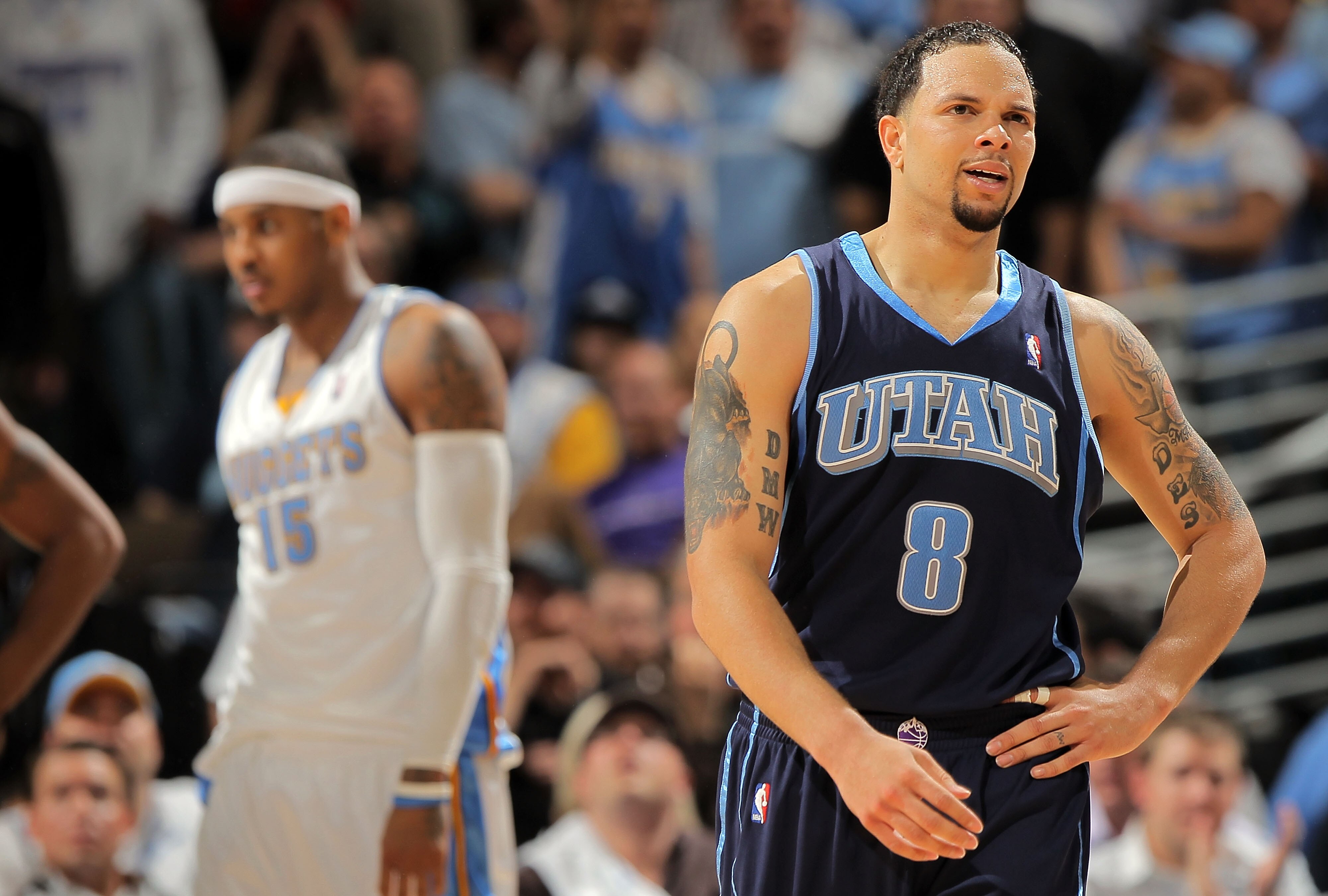 DENVER - APRIL 28:  Deron Williams #8 of the Utah Jazz reacts after being called for a foul against Carmelo Anthony #15 of the Denver Nuggets in Game Five of the Western Conference Quarterfinals of the 2010 NBA Playoffs at the Pepsi Center on April 28, 20