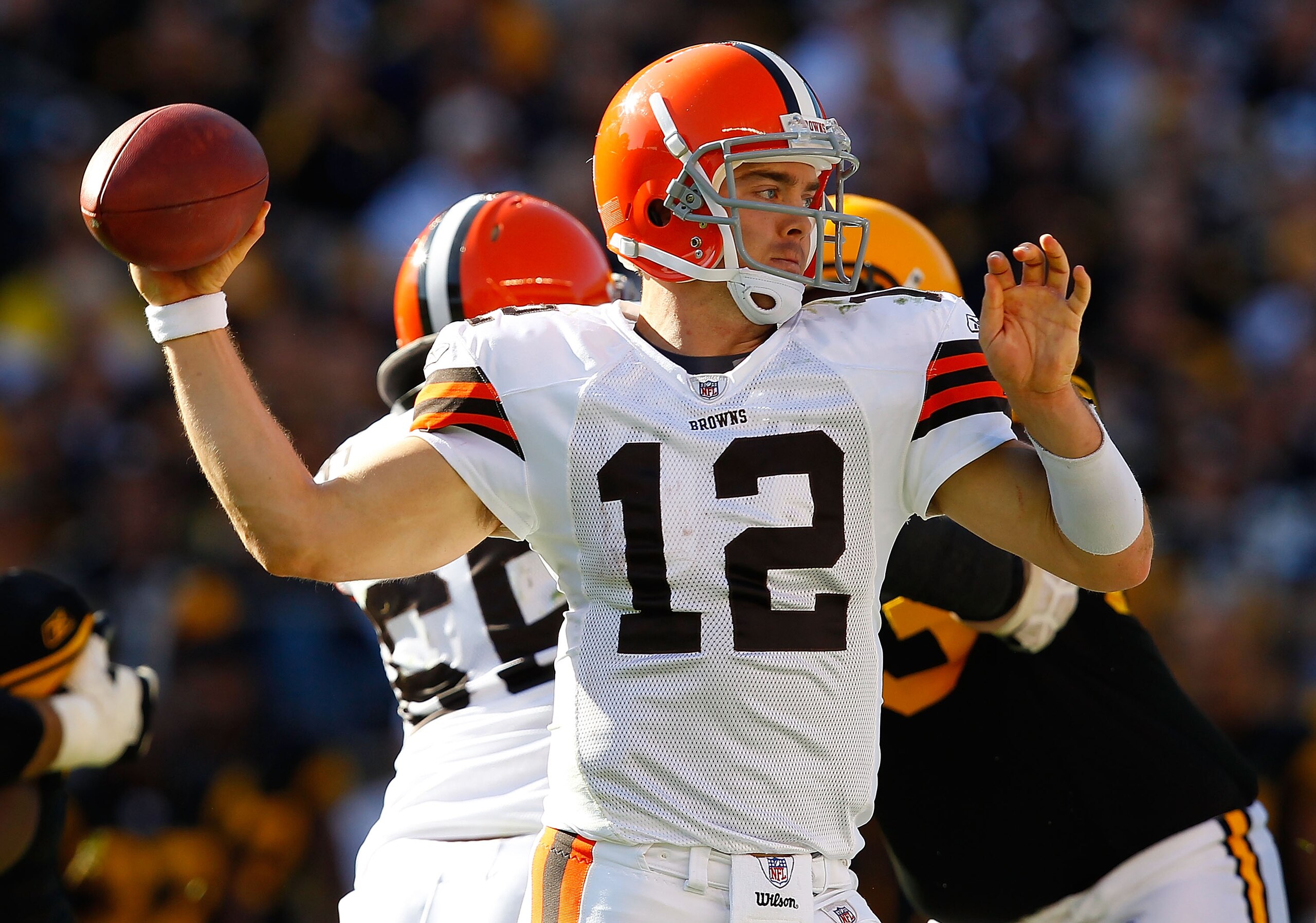 PITTSBURGH - OCTOBER 17:  Colt McCoy #12 of the Cleveland Browns makes a pass against the Pittsburgh Steelers during the game on October 17, 2010 at Heinz Field in Pittsburgh, Pennsylvania.  (Photo by Jared Wickerham/Getty Images)