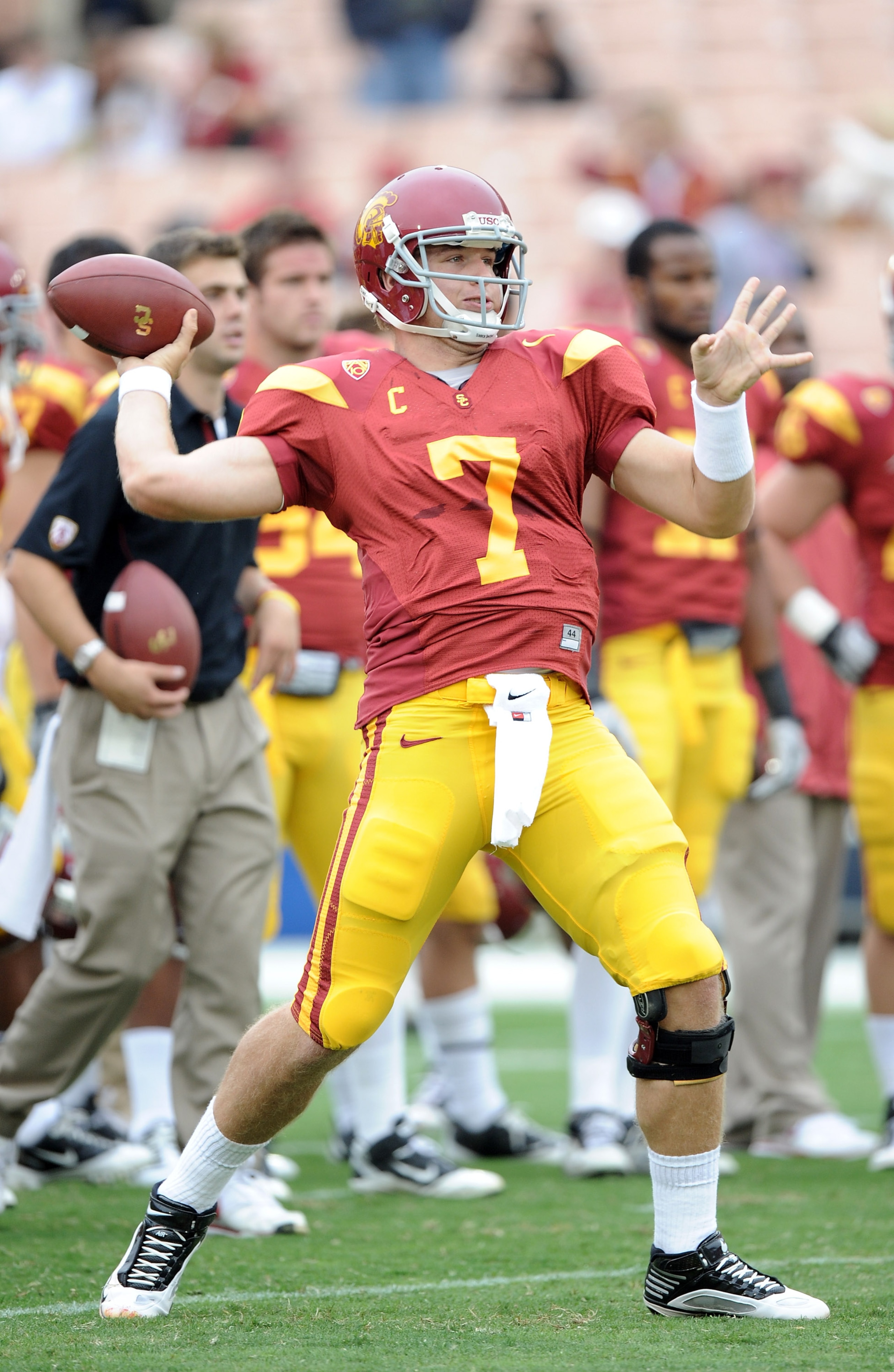 LOS ANGELES, CA - OCTOBER 16: Matt Barkley #7 of the USC Trojans warms up before the game against the California Golden Bears at Los Angeles Memorial Coliseum on October 16, 2010 in Los Angeles, California. (Photo by Harry How/Getty Images) LOS ANGELES, CA - OCTOBER 16: Matt Barkley #7 of the USC Trojans warms up before the game against the California Golden Bears at Los Angeles Memorial Coliseum on October 16, 2010 in Los Angeles, California. (Photo by Harry How/Getty Images)