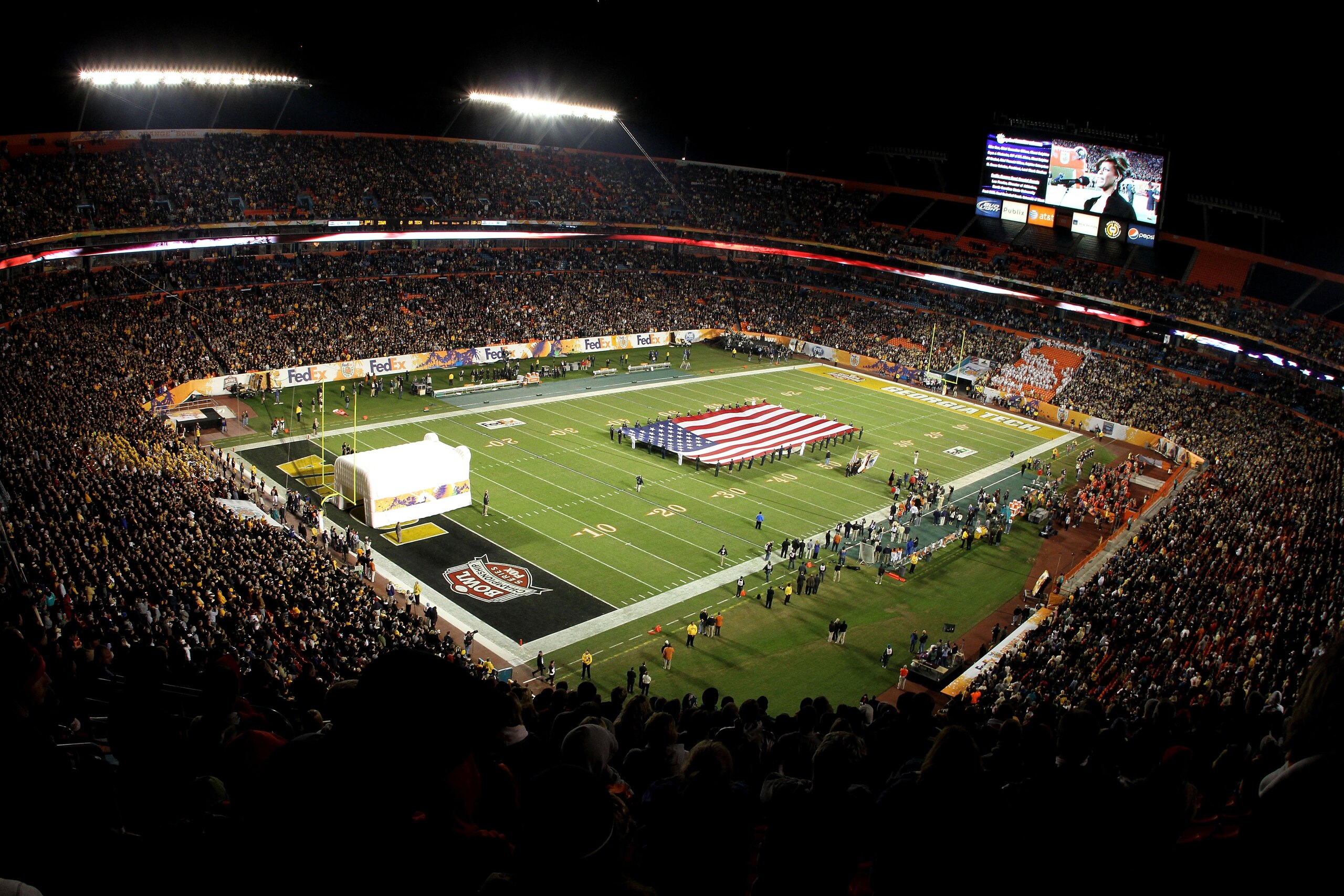 MIAMI GARDENS, FL - JANUARY 05:  A general view of the performance of the National Anthem prior to the Iowa Hawkeyes playing against the Georgia Tech Yellow Jackets during the FedEx Orange Bowl at Land Shark Stadium on January 5, 2010 in Miami Gardens, Fl