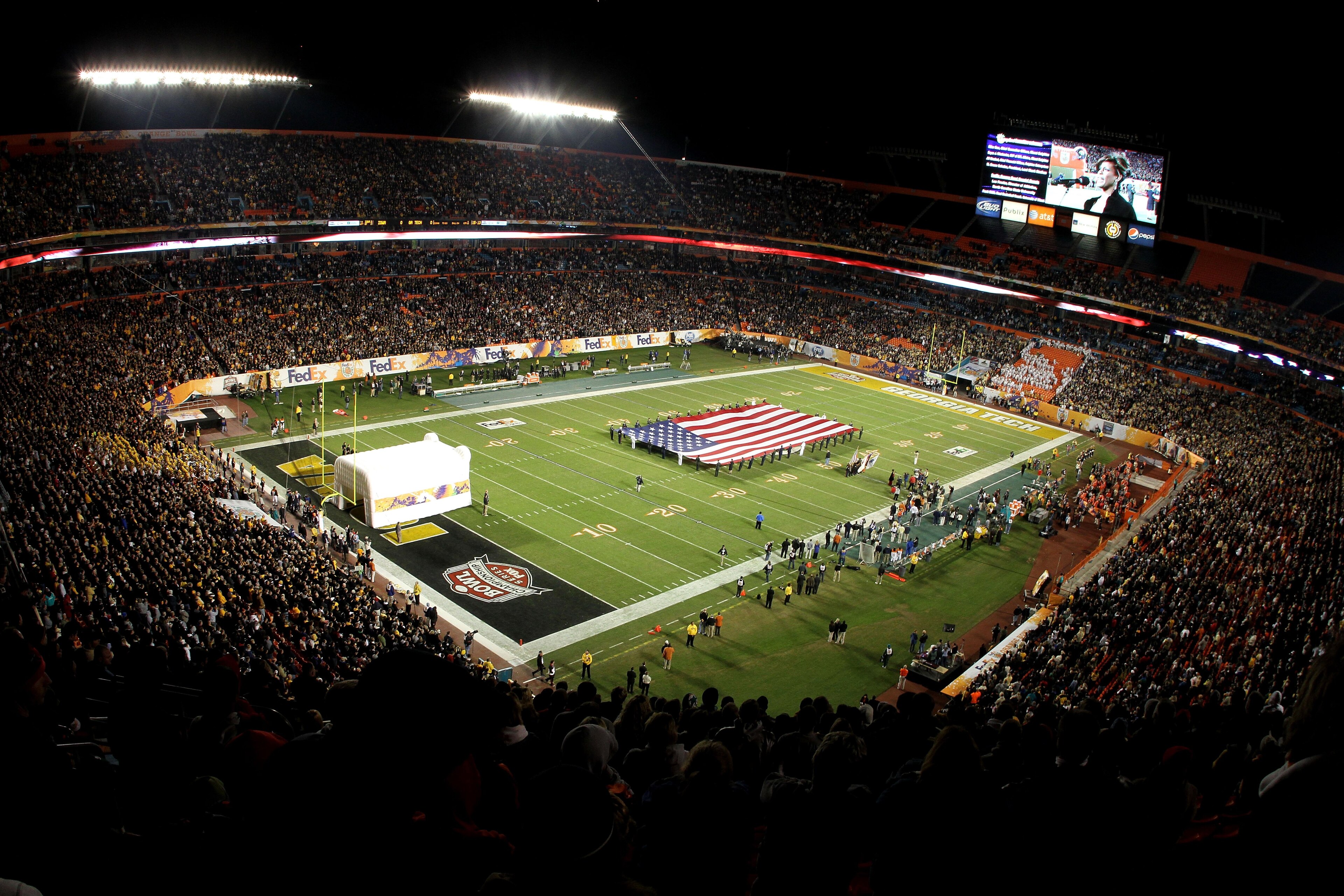 MIAMI GARDENS, FL - JANUARY 05:  A general view of the performance of the National Anthem prior to the Iowa Hawkeyes playing against the Georgia Tech Yellow Jackets during the FedEx Orange Bowl at Land Shark Stadium on January 5, 2010 in Miami Gardens, Fl