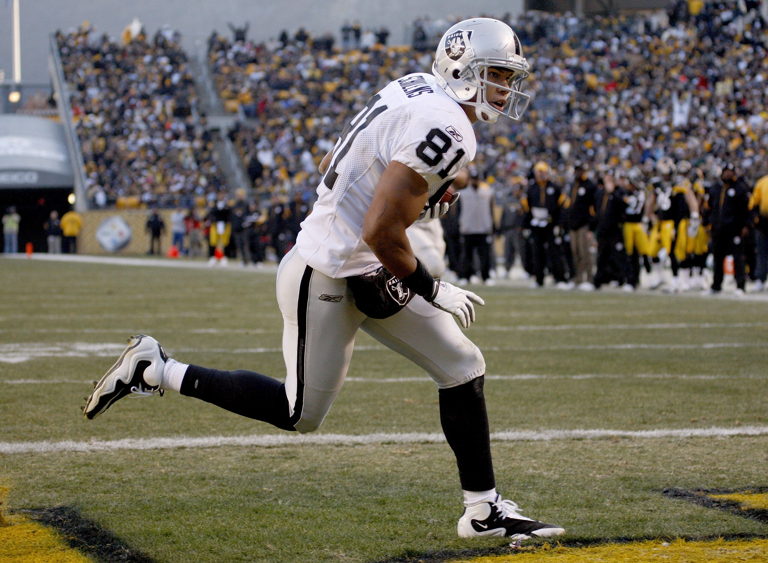 PITTSBURGH - DECEMBER 06:  Chaz Schilens #81 of the Oakland Raiders gets in for a fourth quarter touchdown while playing the Pittsburgh Steelers on December 6, 2009 at Heinz Field in Pittsburgh, Pennsylvania. Oakland won the game 27-24.  (Photo by Gregory