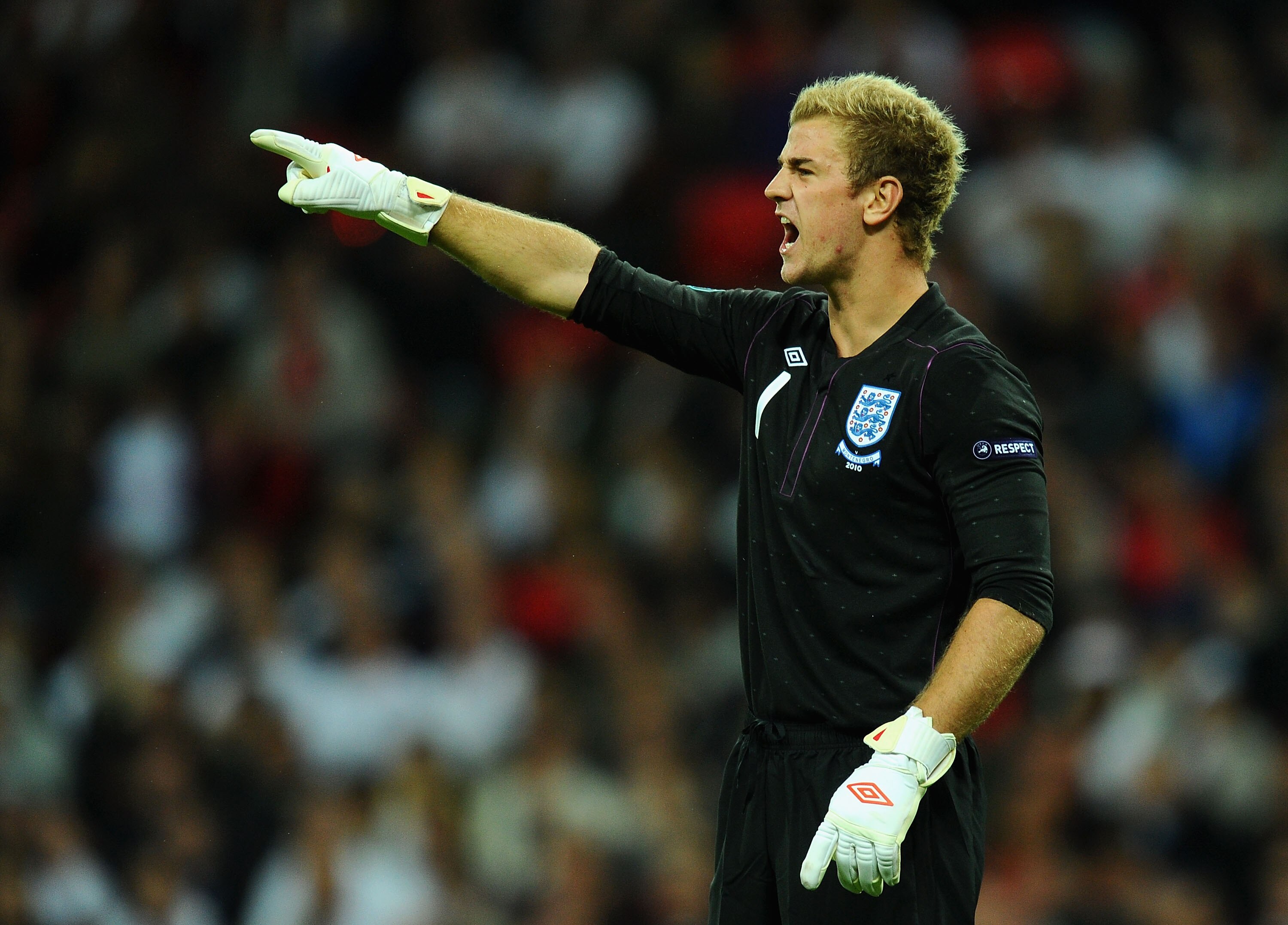 LONDON, ENGLAND - OCTOBER 12:  Joe Hart of England shouts instructions during the UEFA EURO 2012 Group G Qualifying match between England and Montenegro at Wembley Stadium on October 12, 2010 in London, England.  (Photo by Mike Hewitt/Getty Images)
