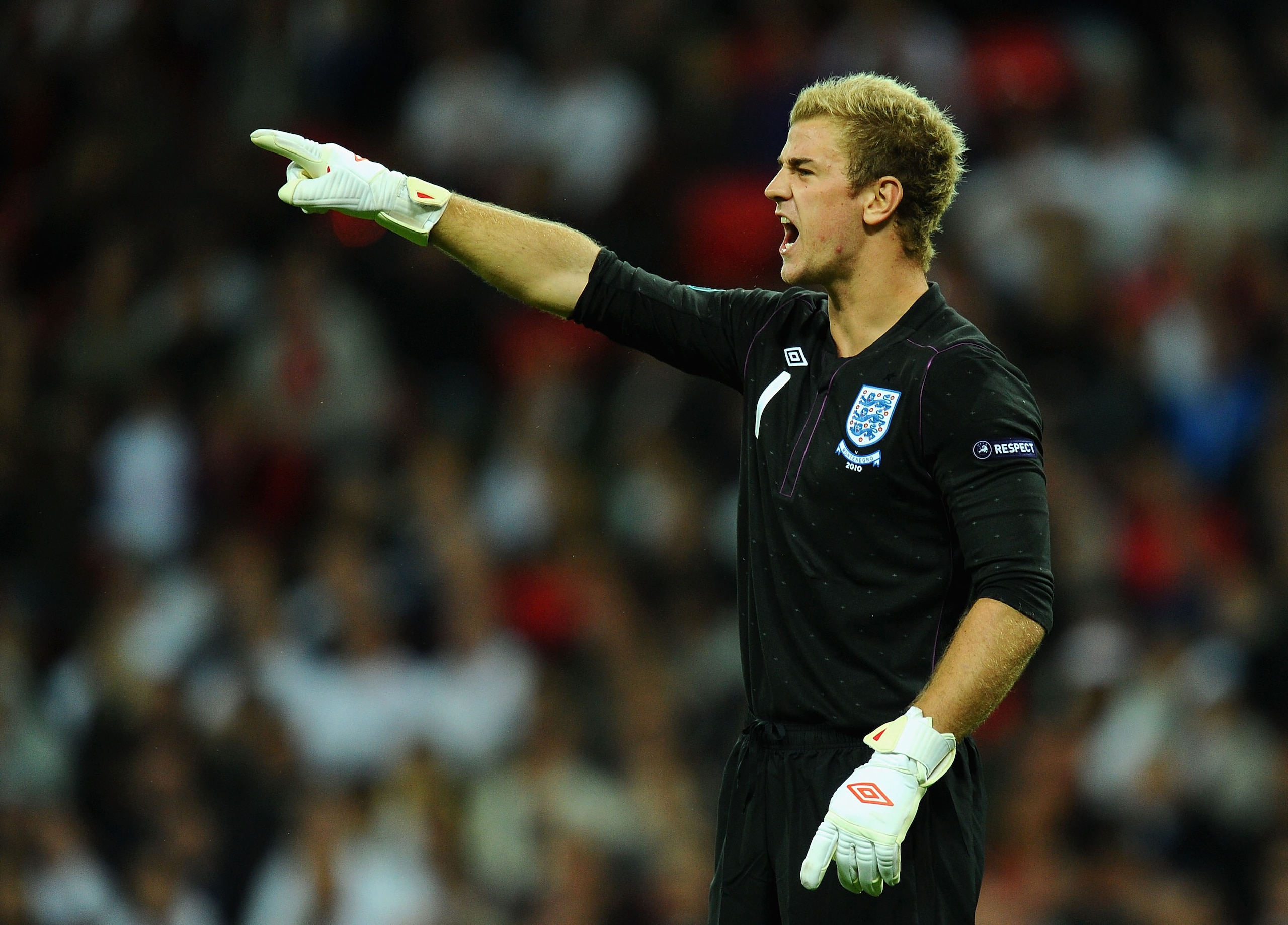 LONDON, ENGLAND - OCTOBER 12:  Joe Hart of England shouts instructions during the UEFA EURO 2012 Group G Qualifying match between England and Montenegro at Wembley Stadium on October 12, 2010 in London, England.  (Photo by Mike Hewitt/Getty Images)