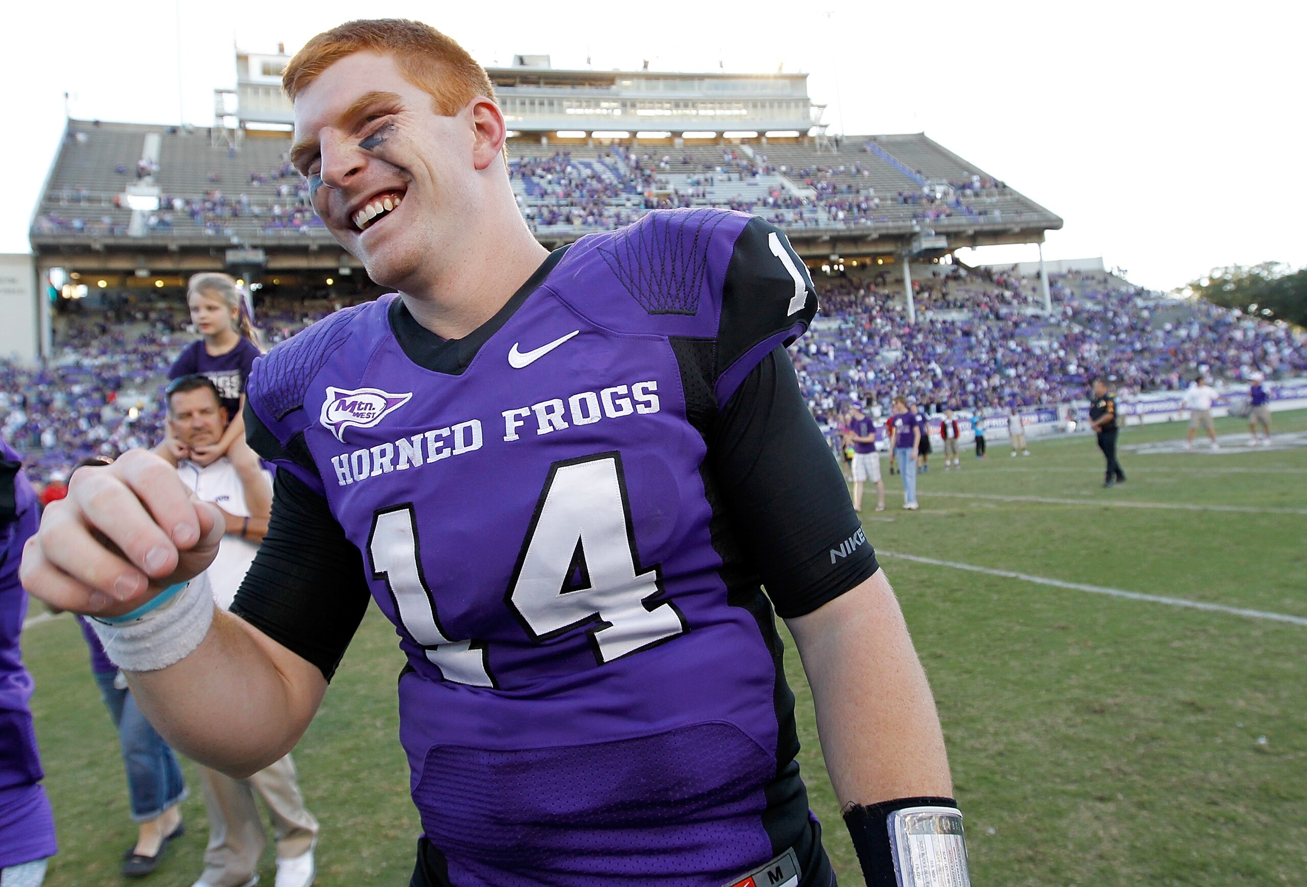 FORT WORTH, TX - OCTOBER 16:  Starting quarterback Andy Dalton #14 of the TCU Horned Frogs after TCU beat the BYU Cougars 31-3 at Amon G. Carter Stadium on October 16, 2010 in Fort Worth, Texas.  (Photo by Tom Pennington/Getty Images)